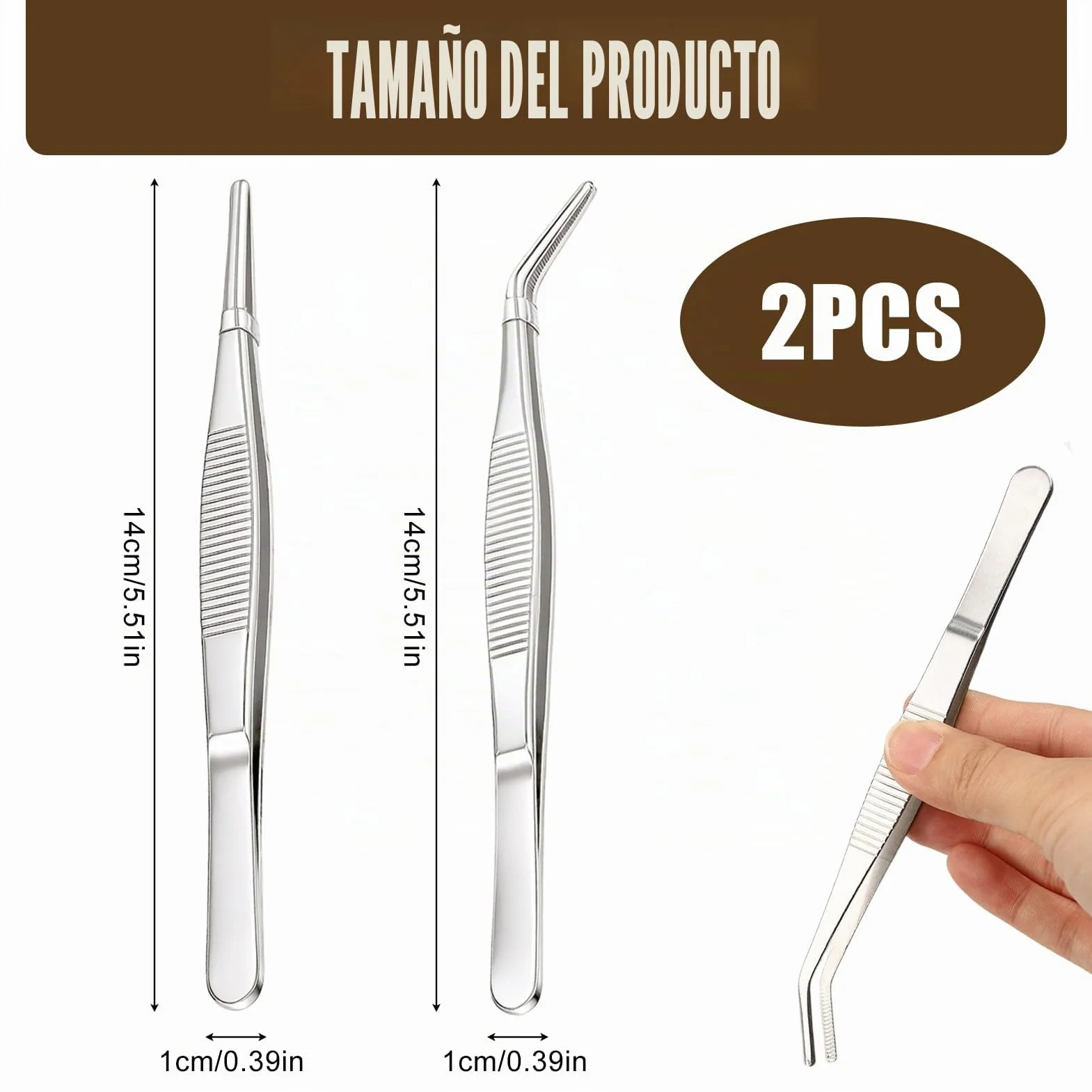Pinzas Sanitarias de Acero Inoxidable 14 cm 2 Unidades Antideslizantes Punta Fina y Ancha Quirúrgicas