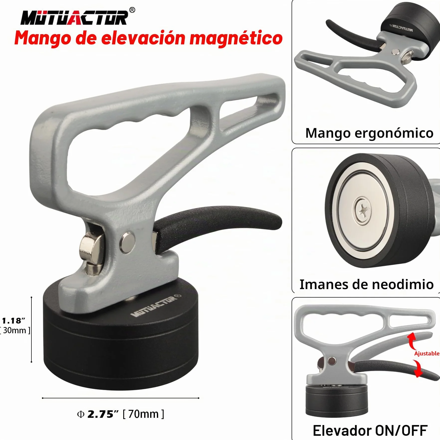 MUTUACTOR Soporte magnético de mano fuerte, imán de neodimio con mango, herramienta para objetos metálicos