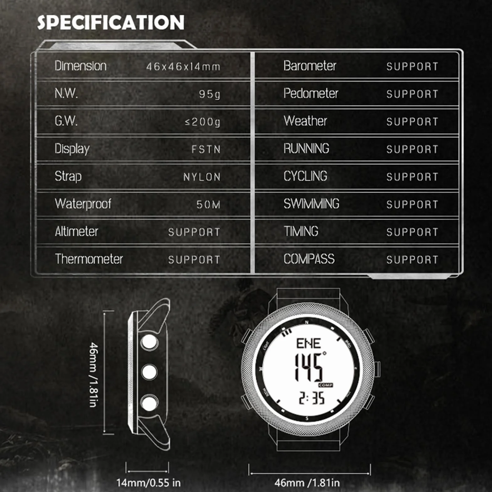 Reloj para Correr Al Aire para Hombre, Altímetro Digital Multifuncional, Barómetro, Brújula, Acero Inoxidable Negro