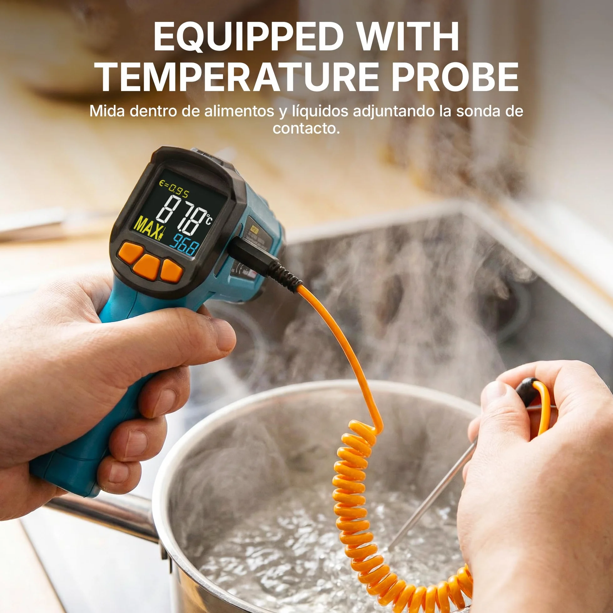 Tilswall Termómetro Infrarrojo -50°C~800°C con Sonda K, Emisividad Ajustable, para Cocina Industrial BBQ