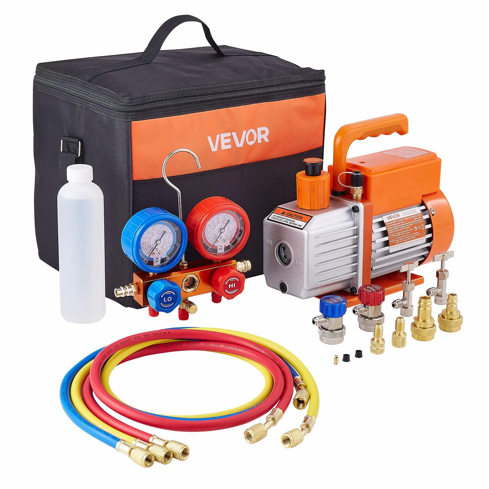 VEVOR Bomba de Vacío 115 L/min Manómetro Aire Acondicionado Una Sola Etapa Paletas Rotativas Detector Fugas Bolsa Transporte Refrigerantes R134a R22 R410a R1234YF