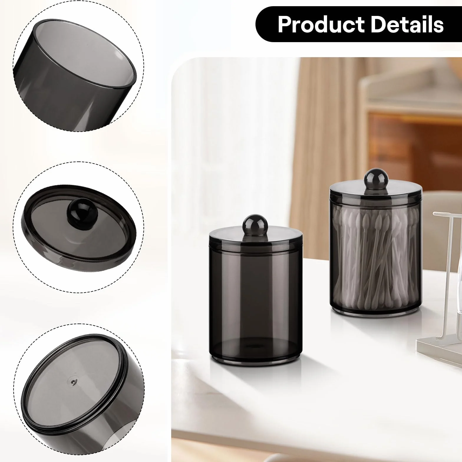 Organizador de Bastoncillos con Tapa, Caja Negro Transparente 3 Piezas para Hilo Dental, Algodón Cosmético
