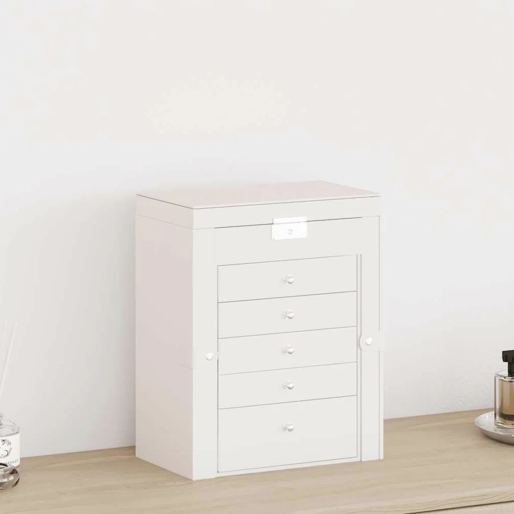 Joyero de 6 capas blanco con espejo y forro interior de terciopelo, se puede cerrar, 26 x 15,5 x 32 cm, con soporte para pendientes, caja de reloj, soporte para cadena, organizador para