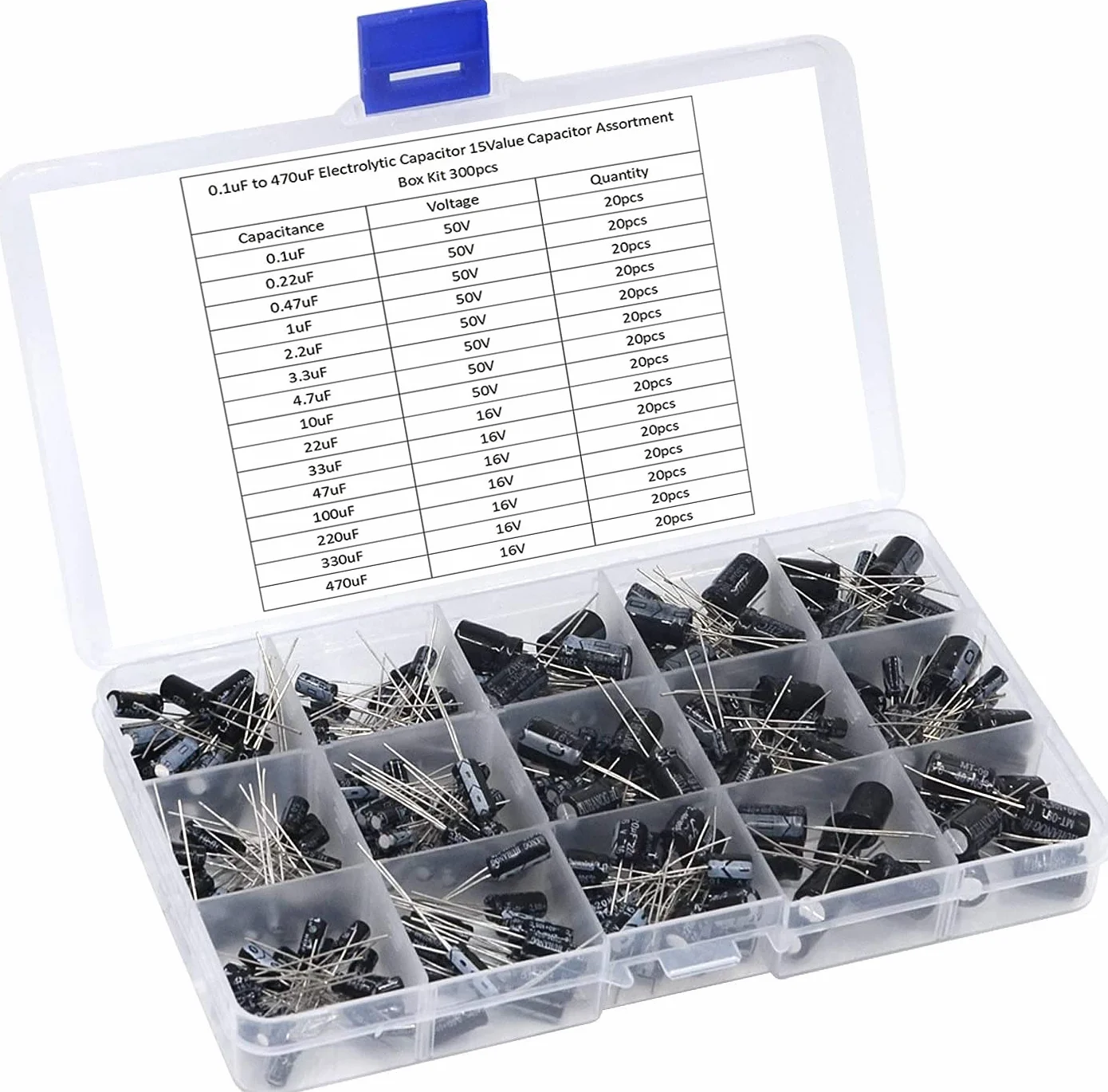 ARCELI Electrolytic Capacitor Assortment Kit 300pcs 15 Values 0.1uF to 470uF