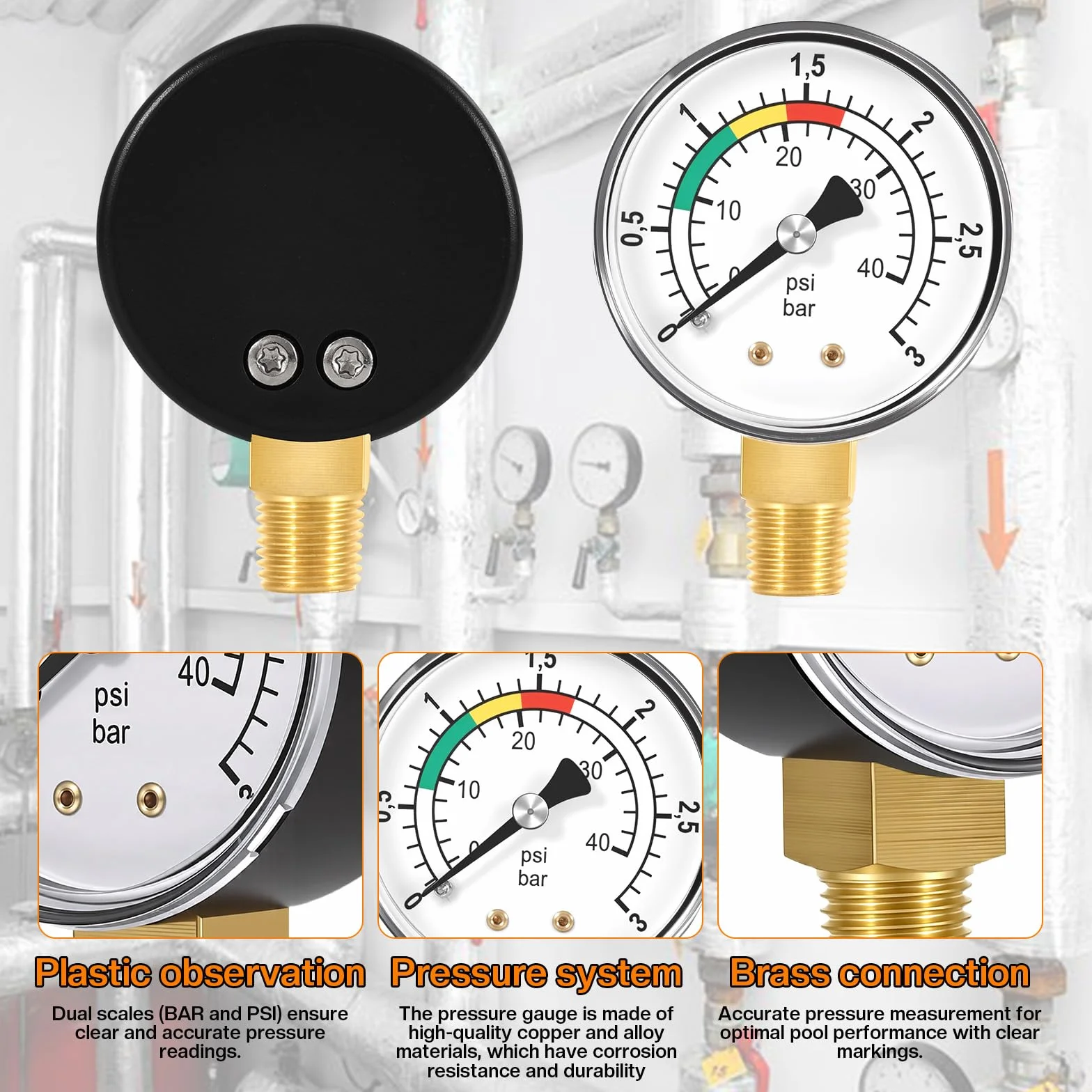 Manómetro de Presión de Agua 0-3BAR/PSI 1/4" BSPT Ø50mm para Filtro Bomba