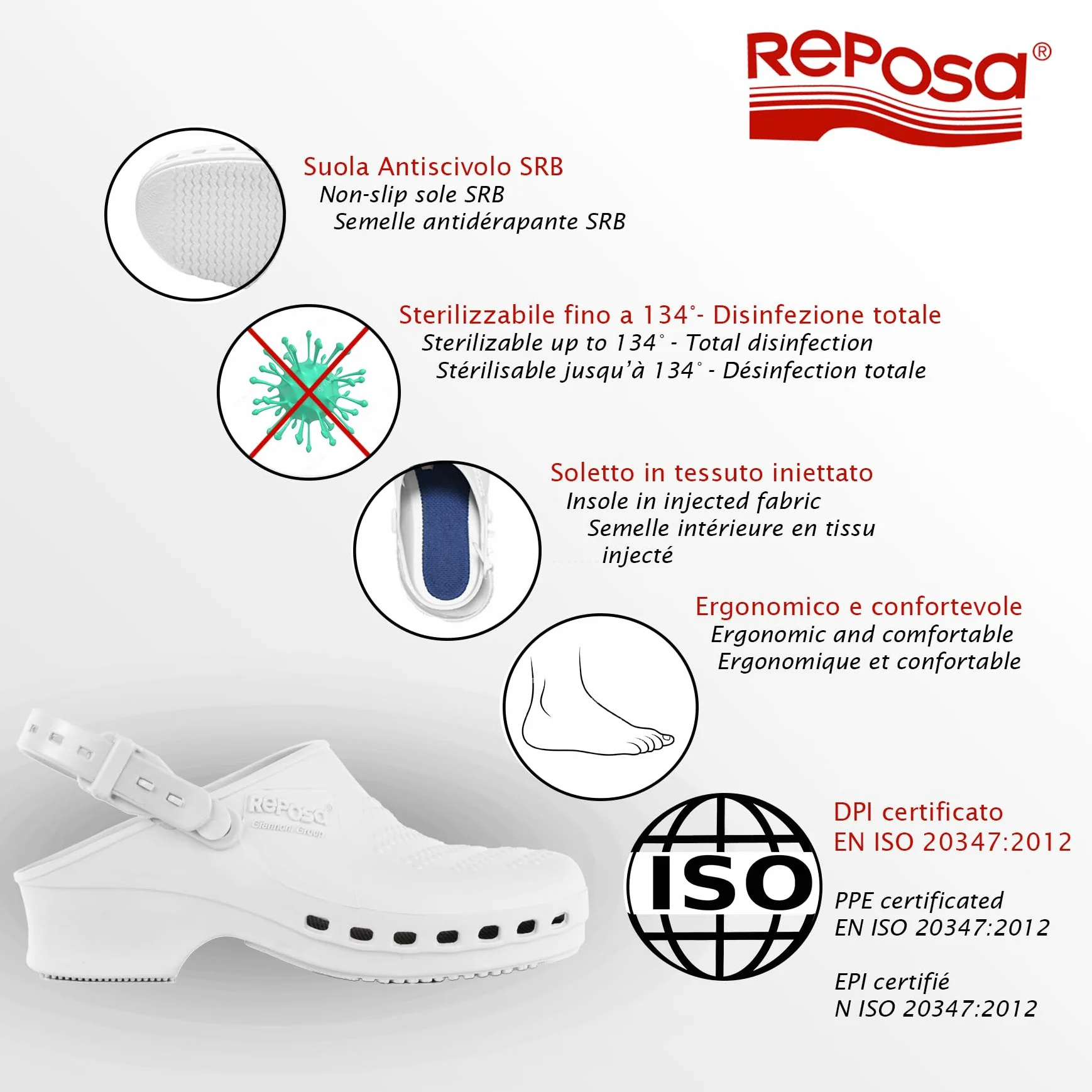 REPOSA Complete - Zuecos Sanitarios Mujer y Hombre en Goma SEBS Sin Látex, Zuecos Enfermera Anatómicos con Correa Trasera Ajustable, Zapatos Sanitarios Esterilizables, Antishock y Transpirables