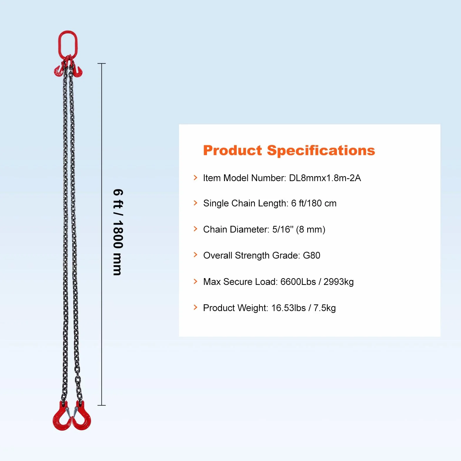 VEVOR Eslinga de Cadena de Elevación 2 Cadenas 8mm x 180cm 2993 kg G80