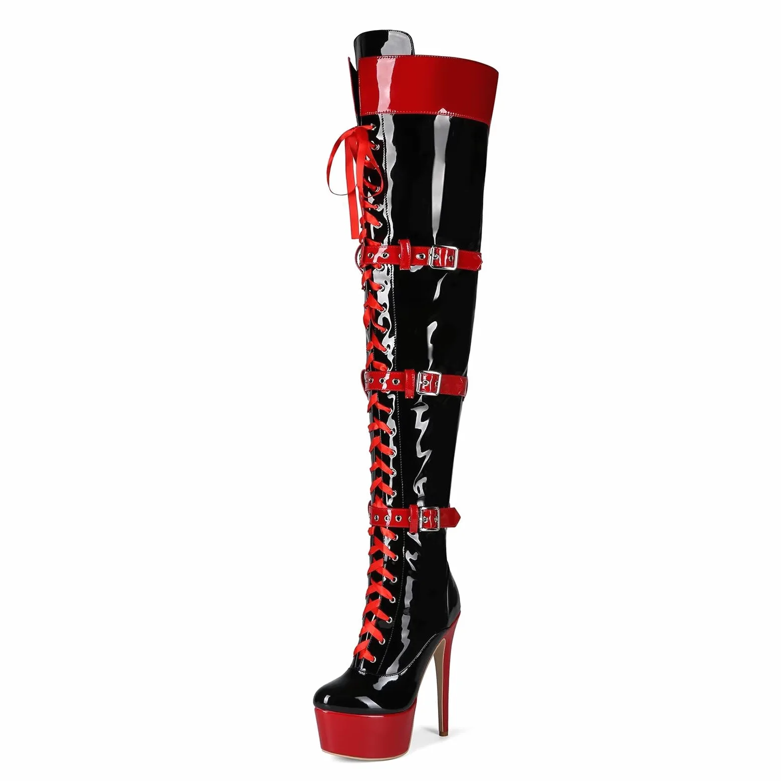 Frankie Hsu Botas largas de tacón alto con plataforma de aguja sexy por encima de la rodilla, cinturón de cinta de charol negro y rojo, ajustable, muslo, talla grande US5-19, zapatos para mujeres y