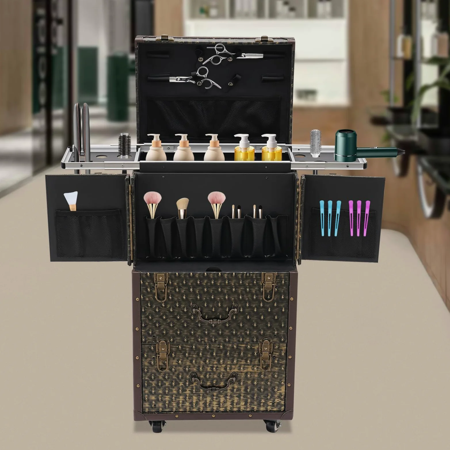 Equipaje Cosmético Tren Cosmético Equipaje de Salón de Belleza, Estuche de Tren de Maquillaje con Ruedas y Cerradura Carrito de Peluquería Estilista Salón de Belleza Equipaje Cos