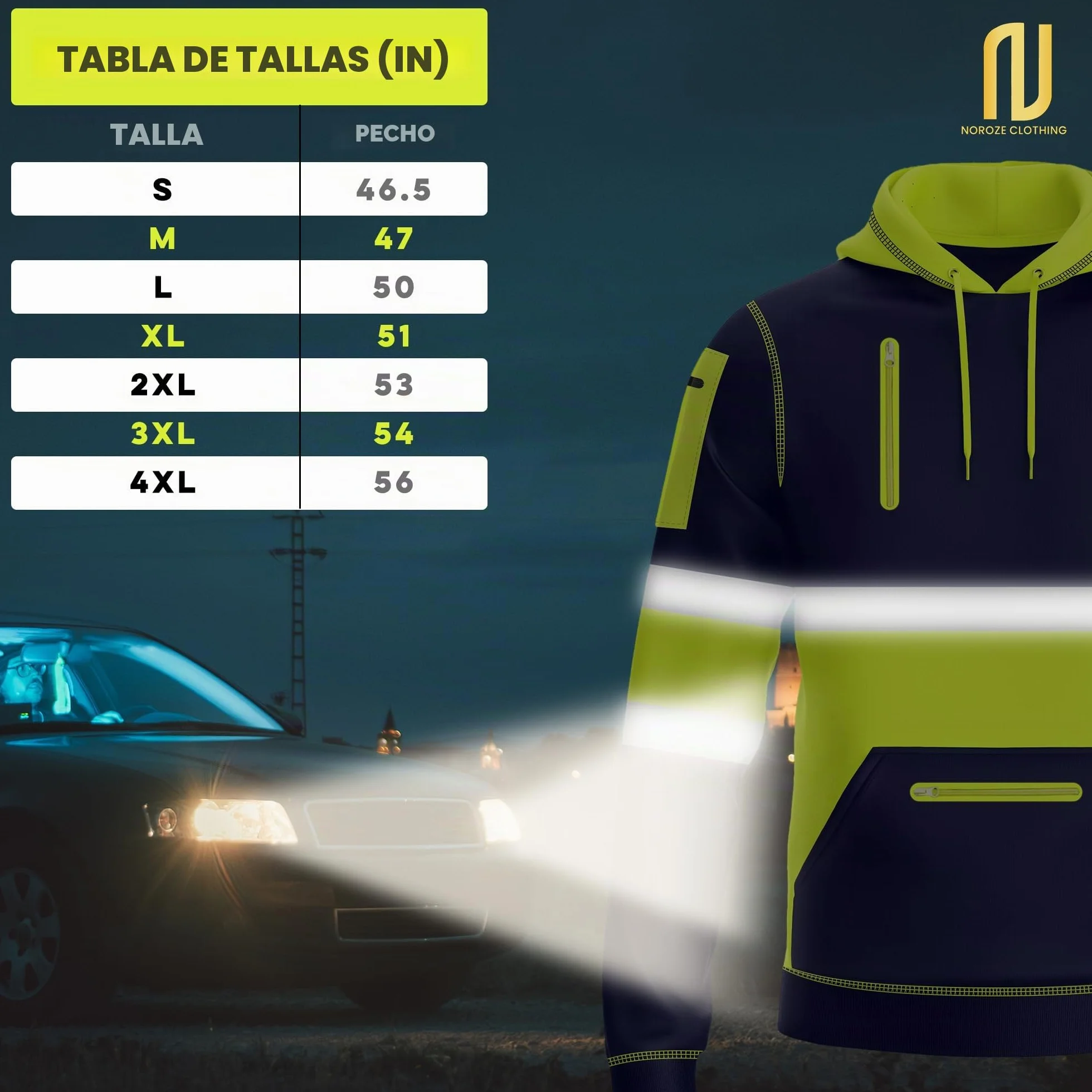 NOROZE Hombres Sudadera Alta Visibilidad Cinta Reflectante Abrigo Seguridad 4 Bolsillos Cremallera