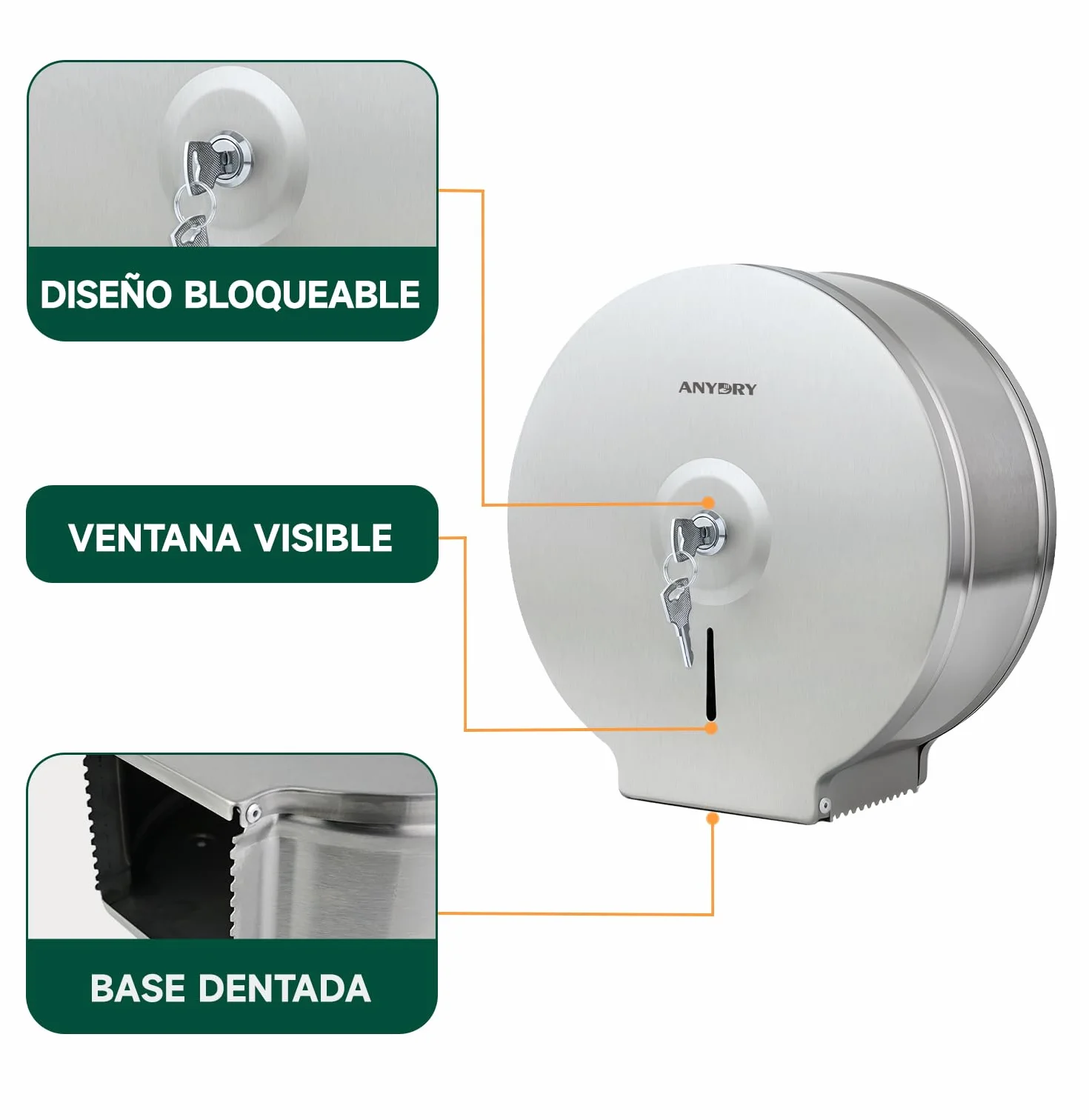 Dispensador de Toallas de Papel Acero Inoxidable Montaje en Pared anydry 5182