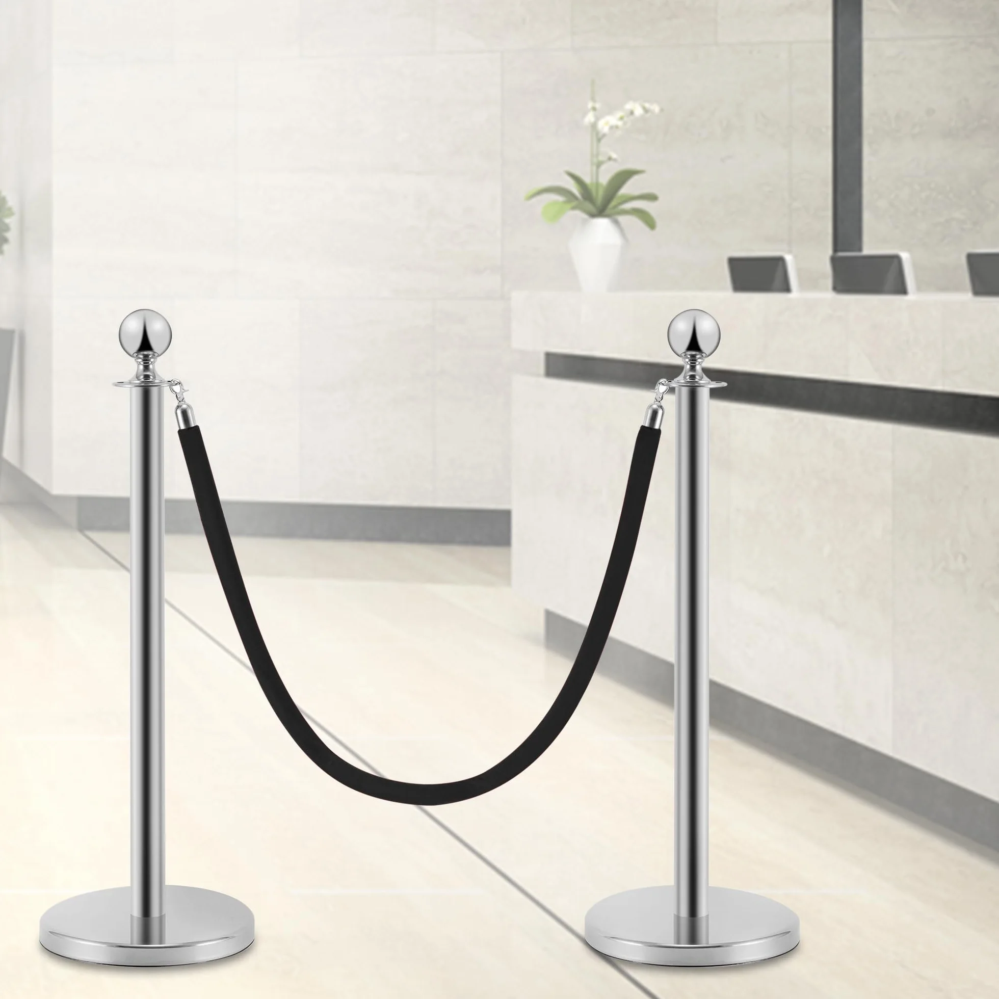 Postes Separadores de Acero Inoxidable 90 cm 2 Piezas con Cuerda de Terciopelo Negro 1,5 m Control de Multitudes