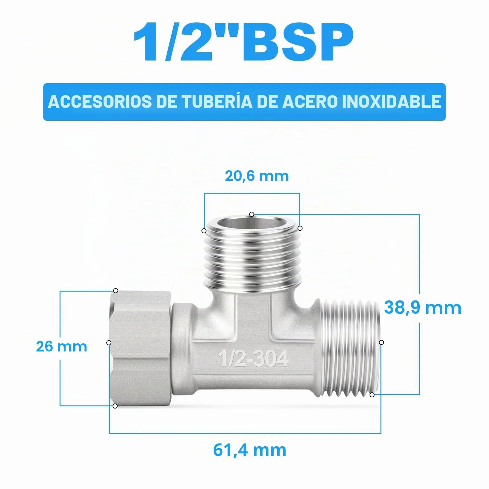 Conector en T flexible 3 vías acero inoxidable 304 1/2" macho BSP tuerca de unión para rociador