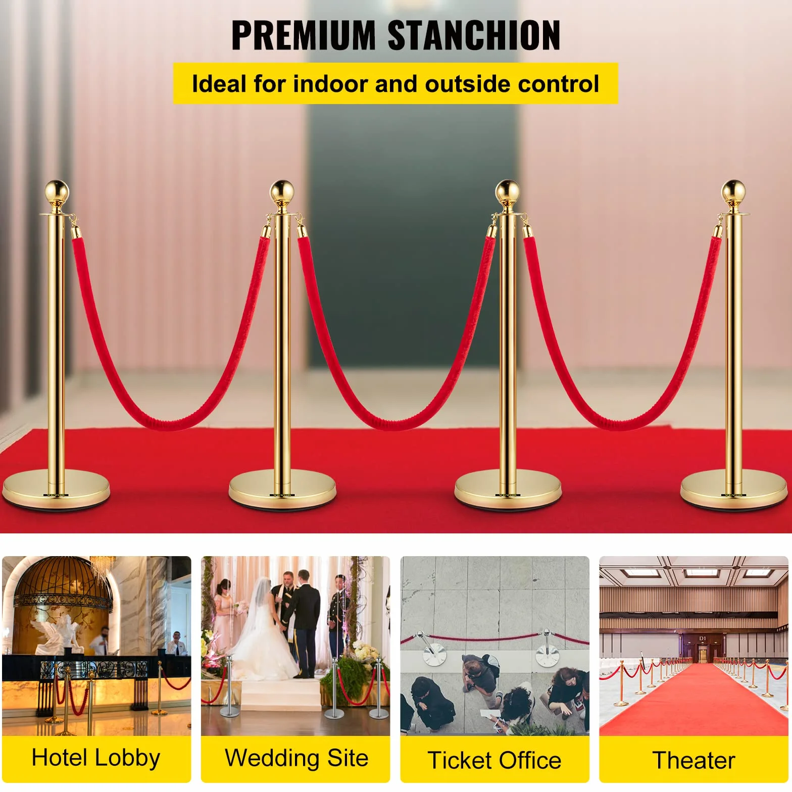 VEVOR Poste Separador de Cinta Extensible 4 Juegos Barreras de Seguridad 3 Cuerdas 1.5m Dorado