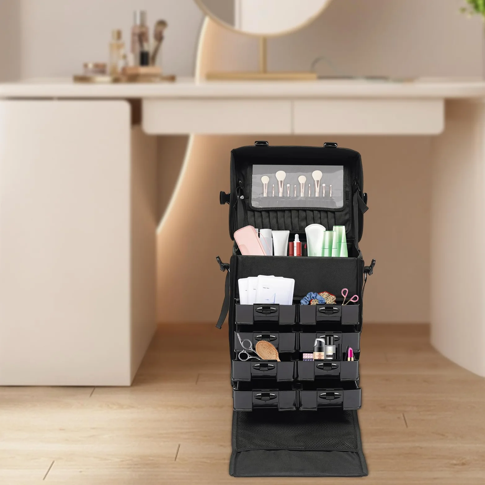 Maletín de maquillaje 2 en 1, maletín profesional de maquillaje con ruedas, maletín de maquillaje, maletín multiusos, ideal para viajes, peluquerías, idea de regalo, 38 x 29 x 42 cm, color negro