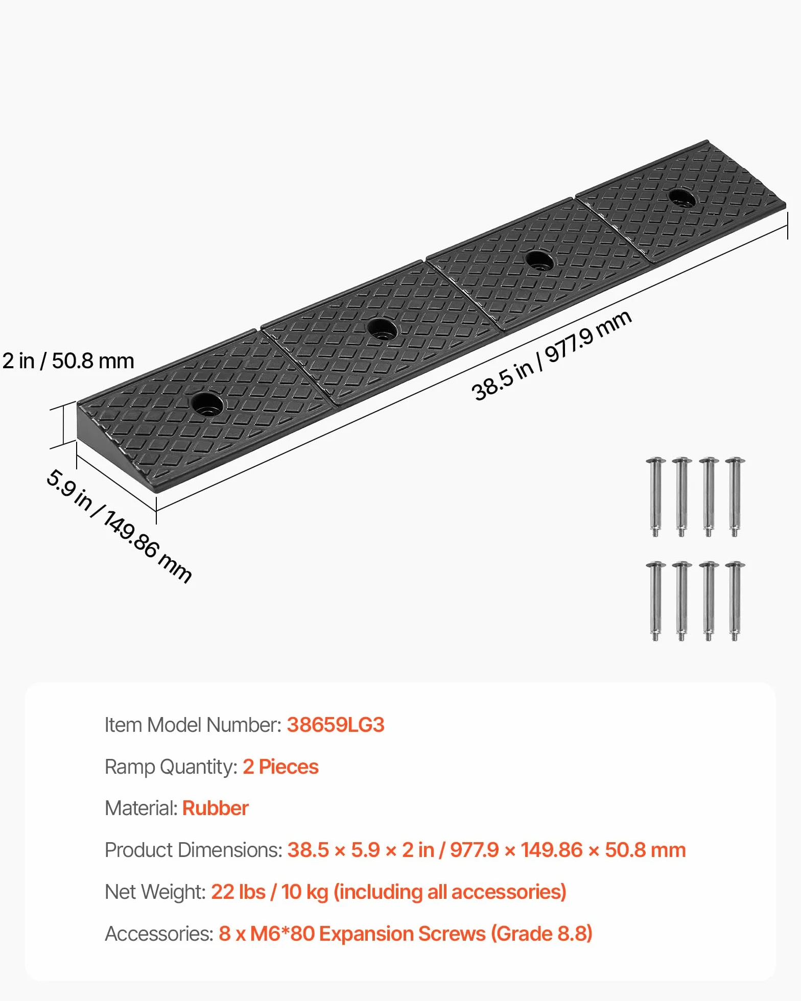 VEVOR Rampa de Goma para Bordillos 2 Piezas 50,8 mm 15 T Negro