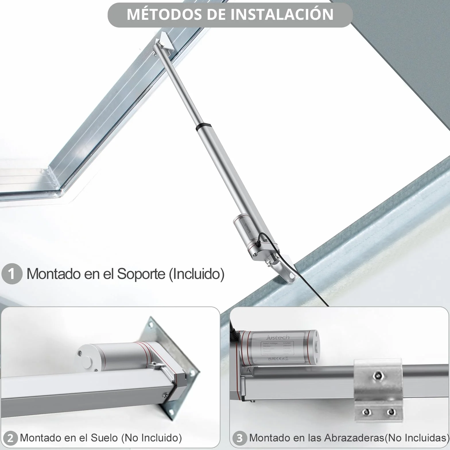 Justech Motor Actuador Lineal 250mm 12V DC 1500N 10mm/s IP65 Impermeable Aluminio Plateado