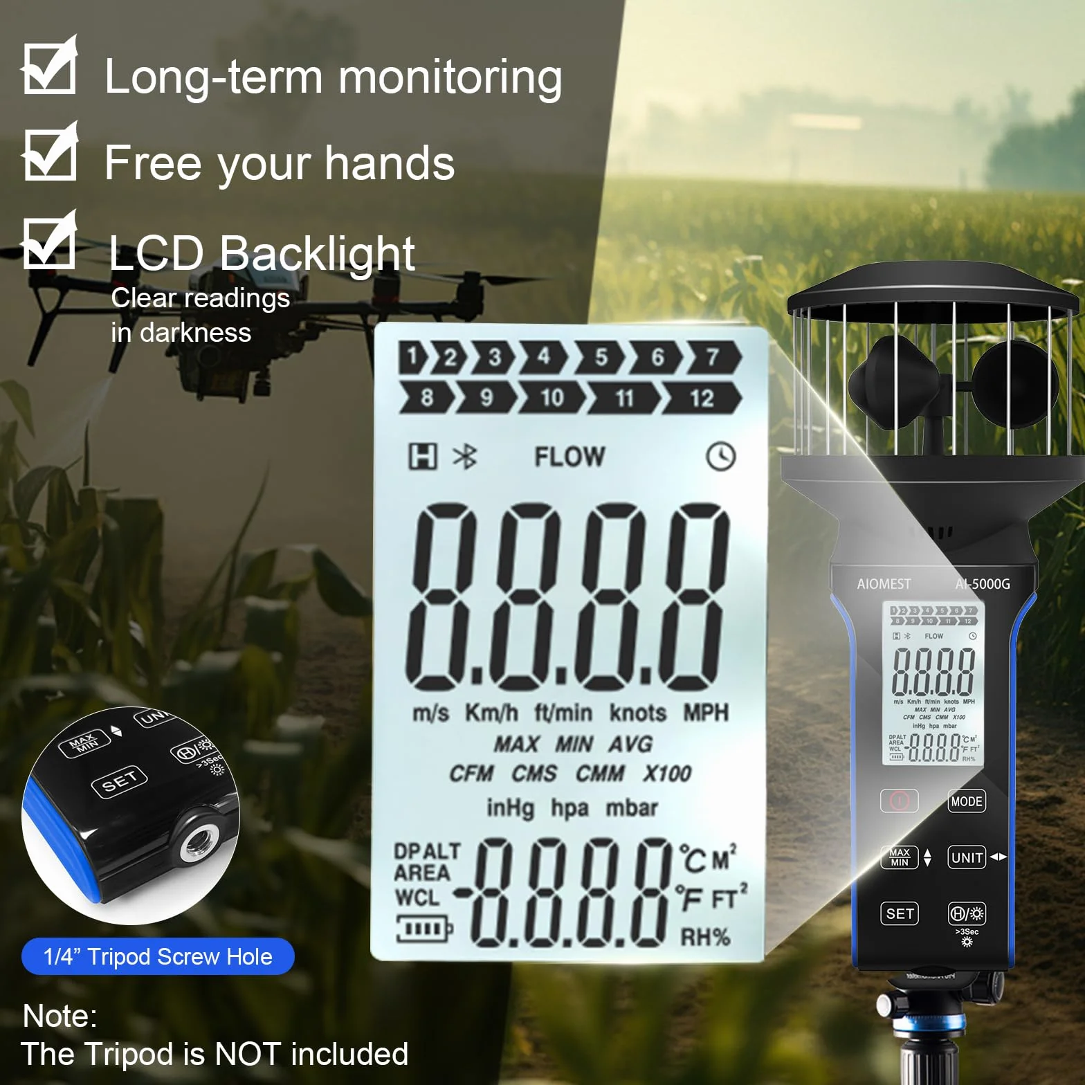 Anemómetro Digital Medidor de Caudal de Aire, AIOMEST Mano Sensor Viento 360°, m³/min