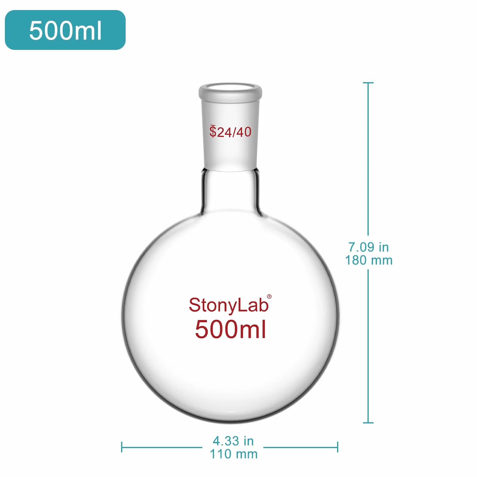 StonyLab 500ml Frasco de Vidrio Redondo con Fondo Redondo, RBF, Junta Exterior Cono Estándar 24/40