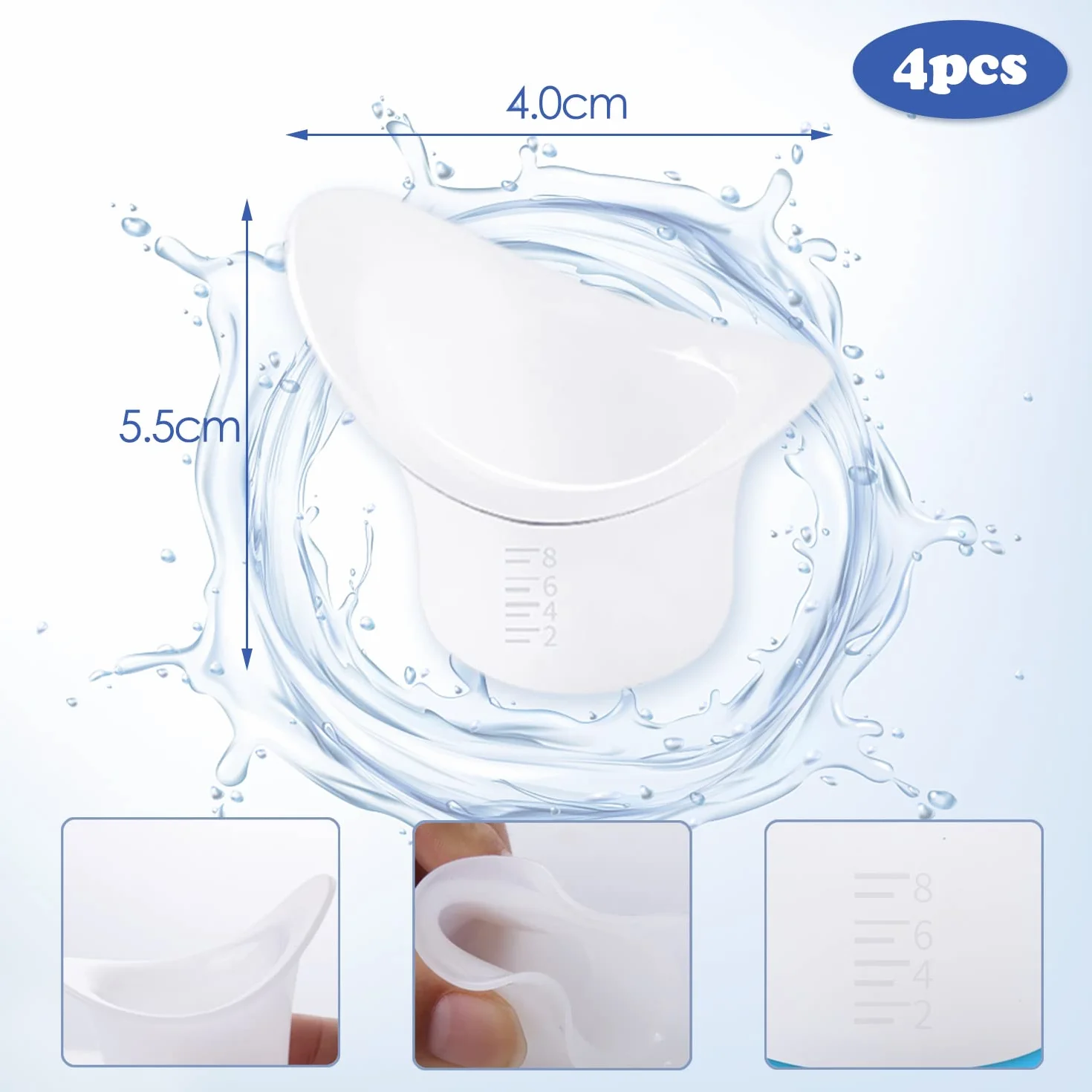 Copa Lavaojos de Silicona 8 ml Blanco Lechoso 4 Piezas con Graduaciones