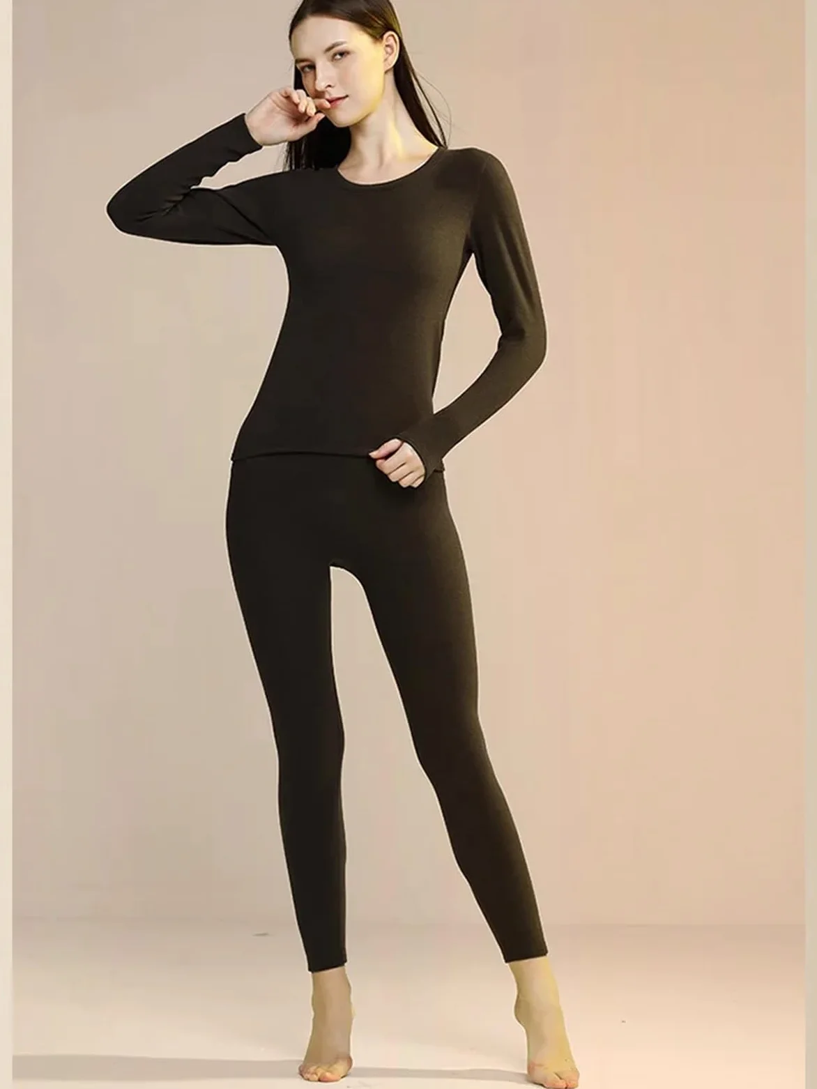 Ropa térmica cálida de Lana Seda for Mujer, Conjuntos Dos Piezas básicos Gruesos con Cuello Redondo for otoño e Invierno para Esquí,Moto