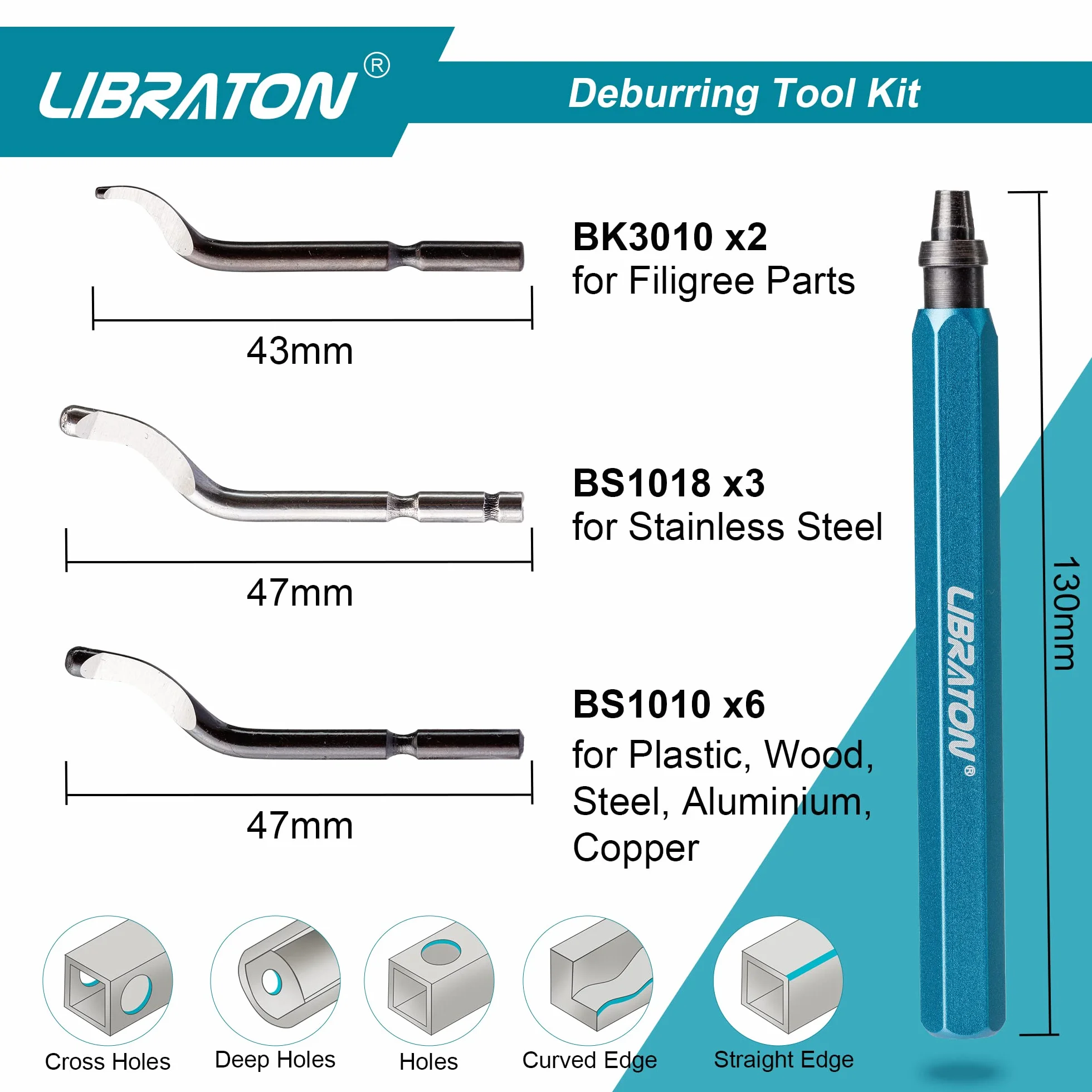 Libraton Herramienta de Desbarbado Manual, Desbarbador Universal 11 Piezas Cuchillas HSS, Mango Aleación Aluminio, 360° Giratorio para Impresora 3D