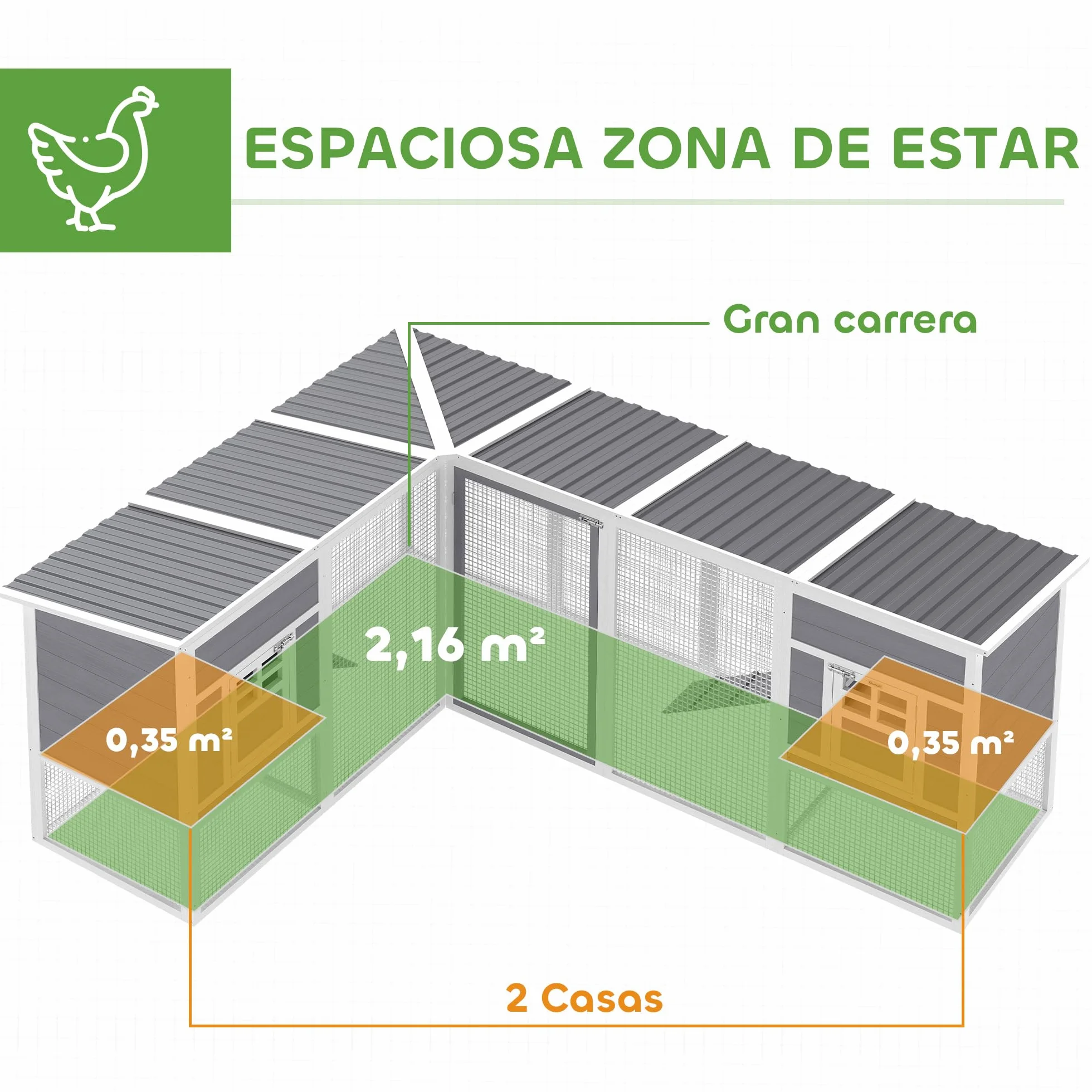 PawHut Gallinero de Madera Grande Exterior, Jaula para Gallinas en L para Esquina, 2 Nidos, Corral, Bandejas Extraíbles, Techo de Pet, Rampas, 251x192x103 cm, Gris