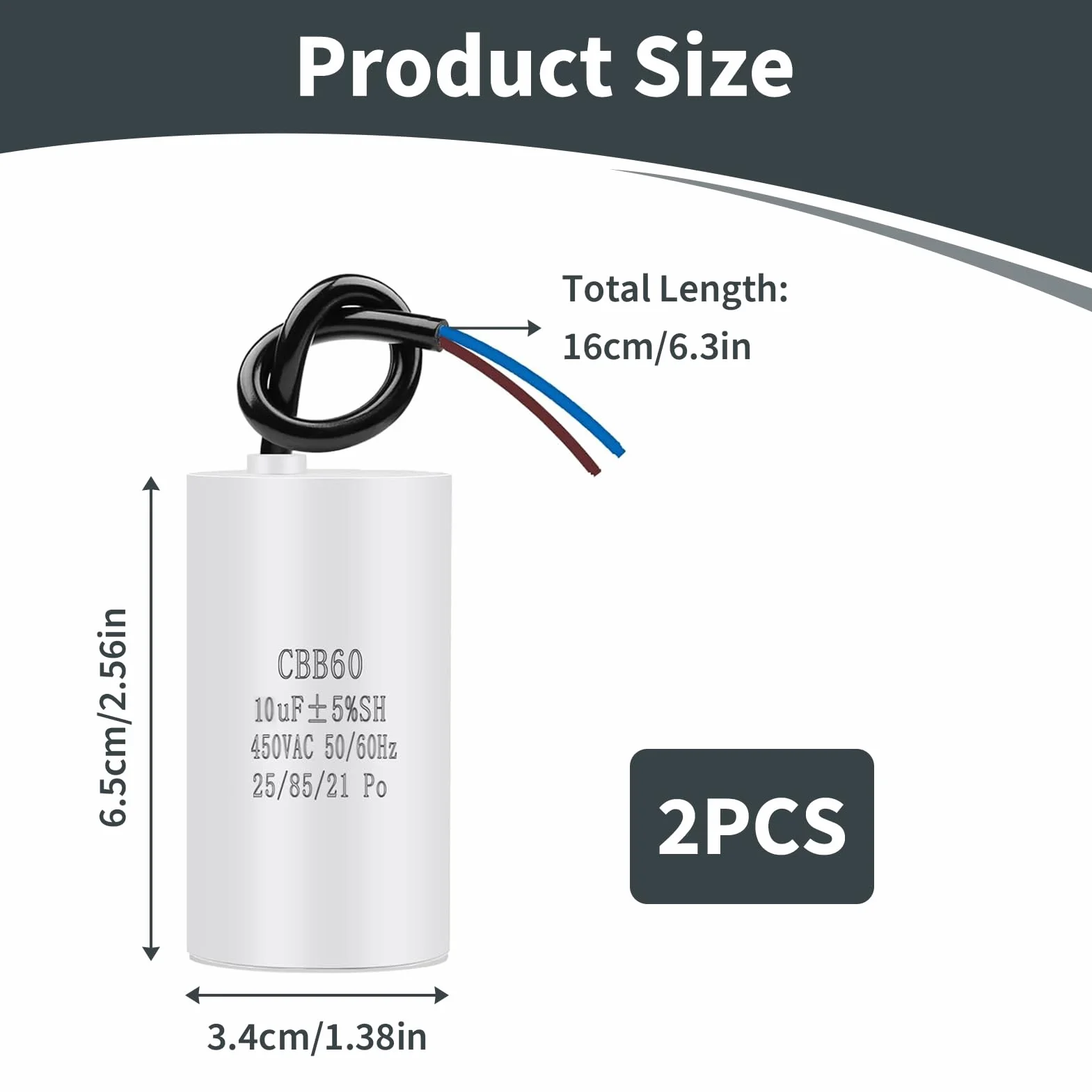 CBB60 25uf 450v 50/60Hz Condensador Arranque Motor 2 Piezas