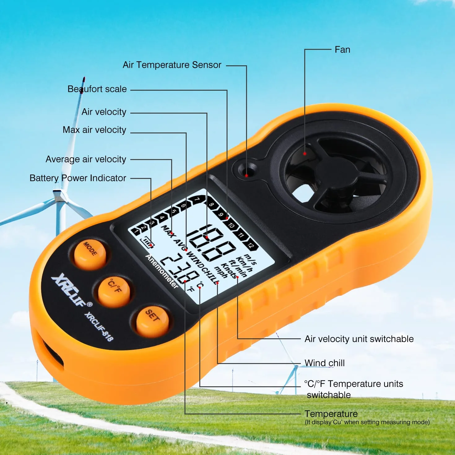 Anemómetro Digital Medidor de Velocidad del Viento XRCLIF Medidor de Flujo de Aire para Temperatura