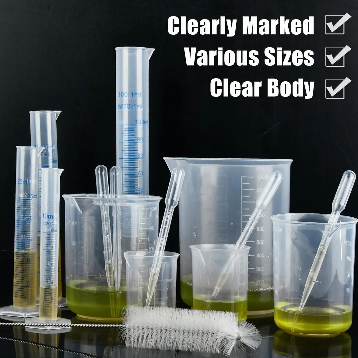 Juego cilindros graduados de plástico medición vasos tubos ensayo jarras frascos laboratorio ciencia pipetas cepillos transferencia líquidos 15pcs