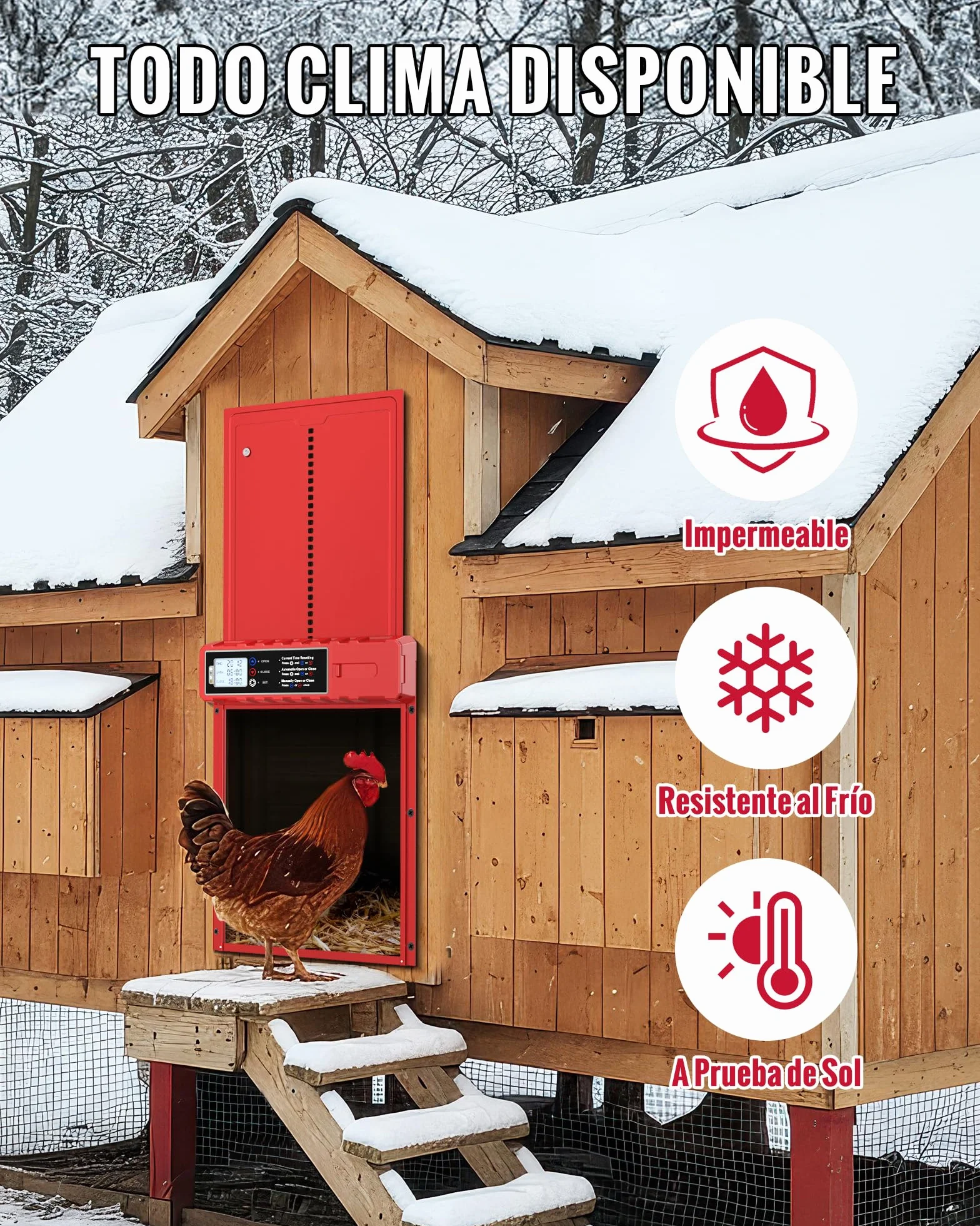 Puerta Gallinero Automatica Solar Roja con 3 Modos, Proteccion contra Pinchazos, Aluminio Resistente a la Intemperie