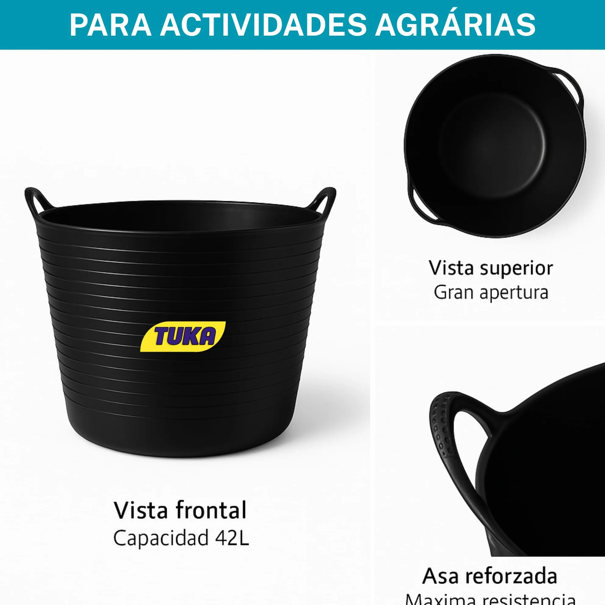 TUKA Pack de 2 Capazos de Plástico 42L Negro Profesional Resistente Multiusos