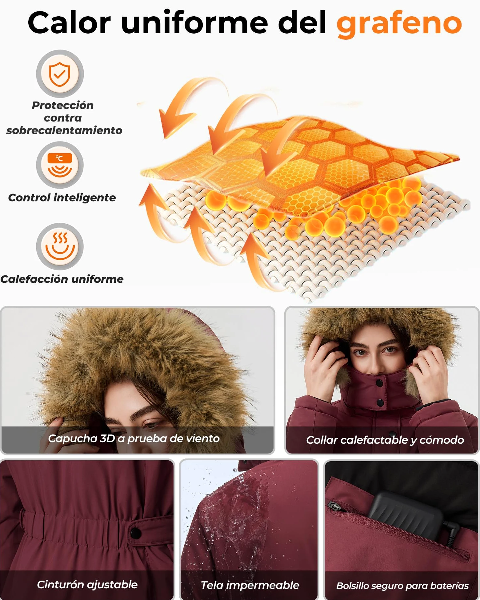 Chaqueta Calefactable Mujer Con Batería De 12V 18400 Mah, 8 Zonas De Calentamiento con 3 Niveles de Temperatura, Chaqueta Cortaviento y Cálido de invierno con Capucha de ExtraíBle,Rojo,S