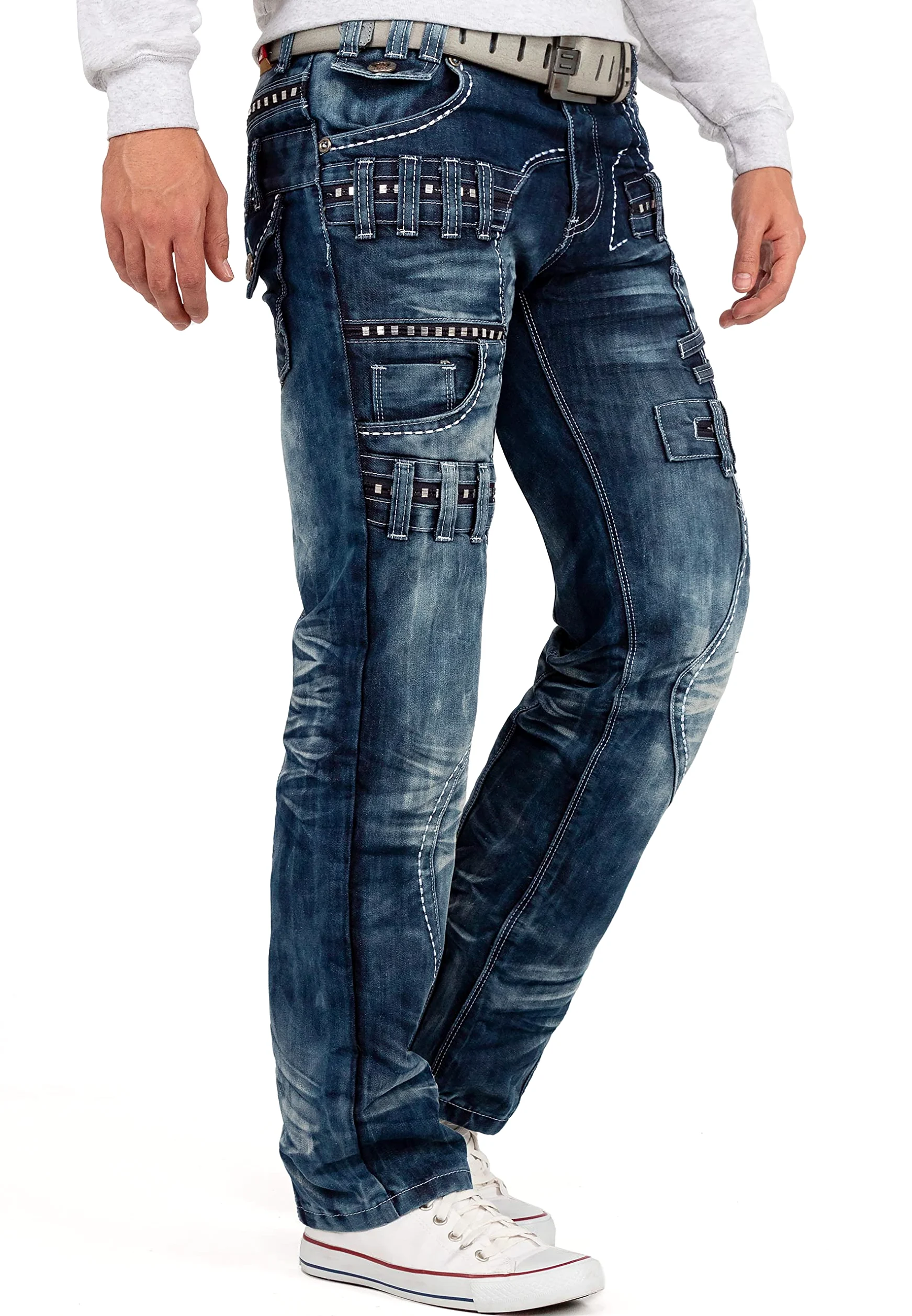 Vaqueros Hombre Regular Fit Cargo Streetwear | Detalles llamativos, bolsillos laterales, cierre con botón y cremallera, denim urbano para ocio, clubwear y tiempo libre