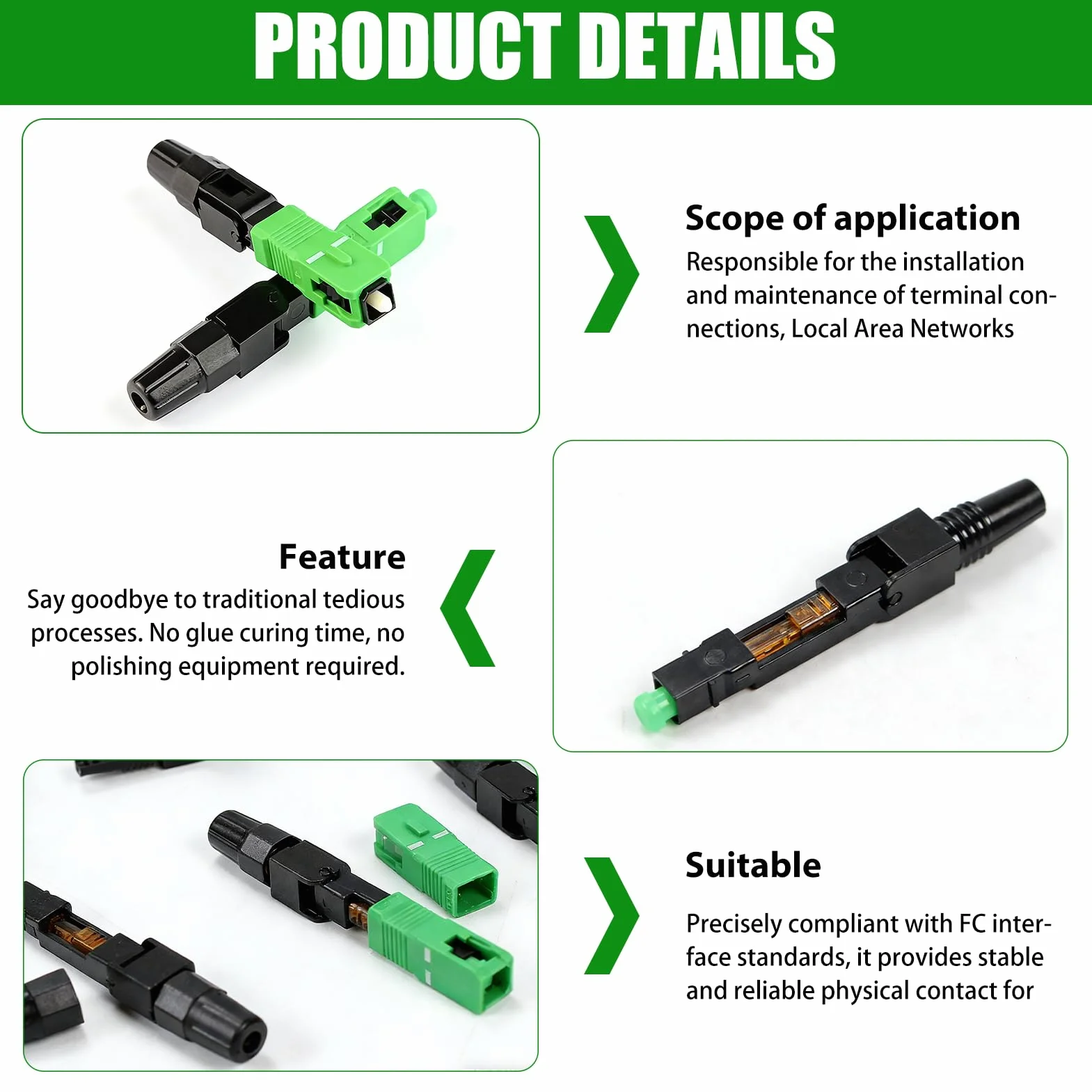 Conector SC/APC Fibra Óptica Rápido Verde Negro Preensamblado Inserción ≤0,3dB Retorno ≥50dB Lote 10