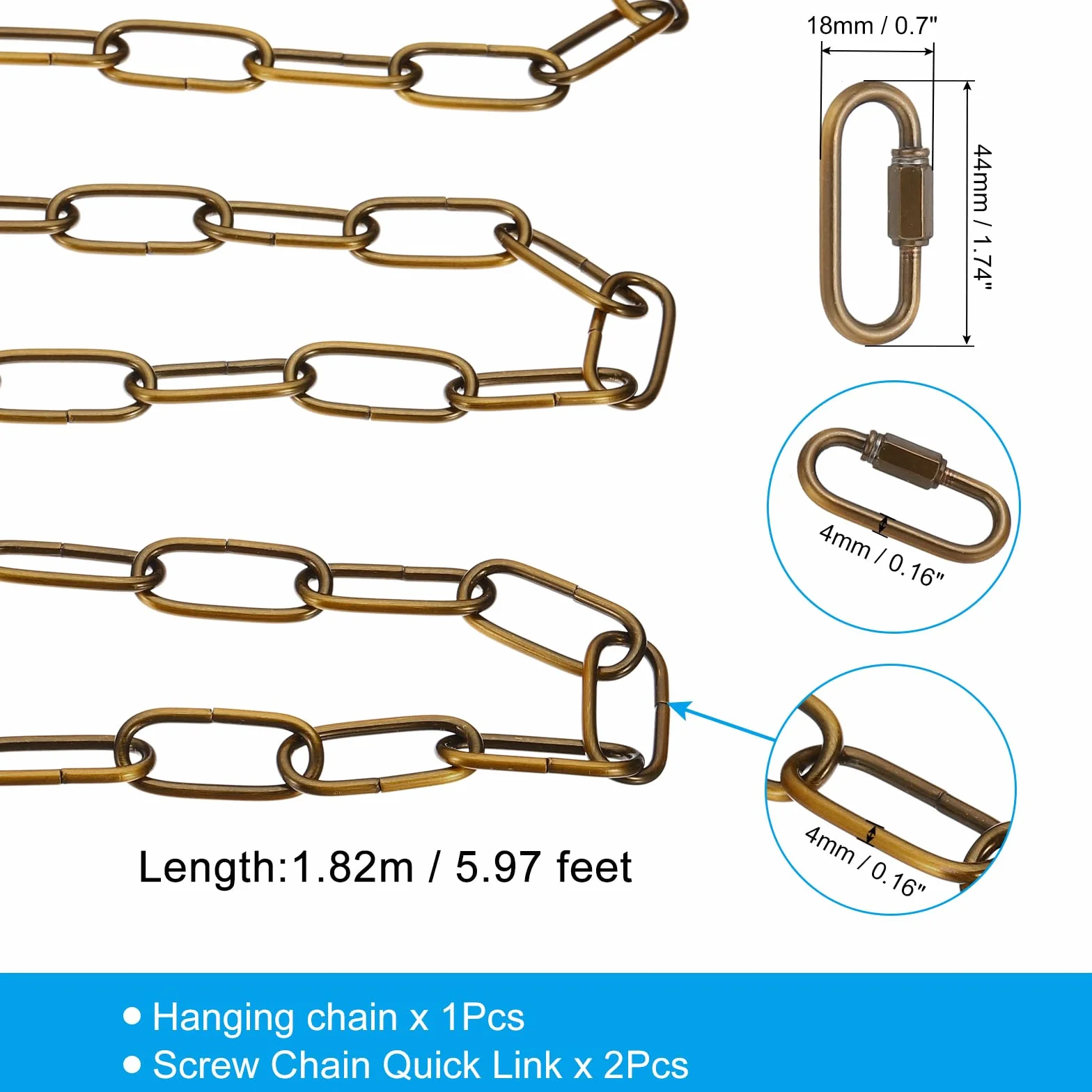 Cadena de Hierro Colgante Iluminación 1.82m Bronce Dorado con Conectores