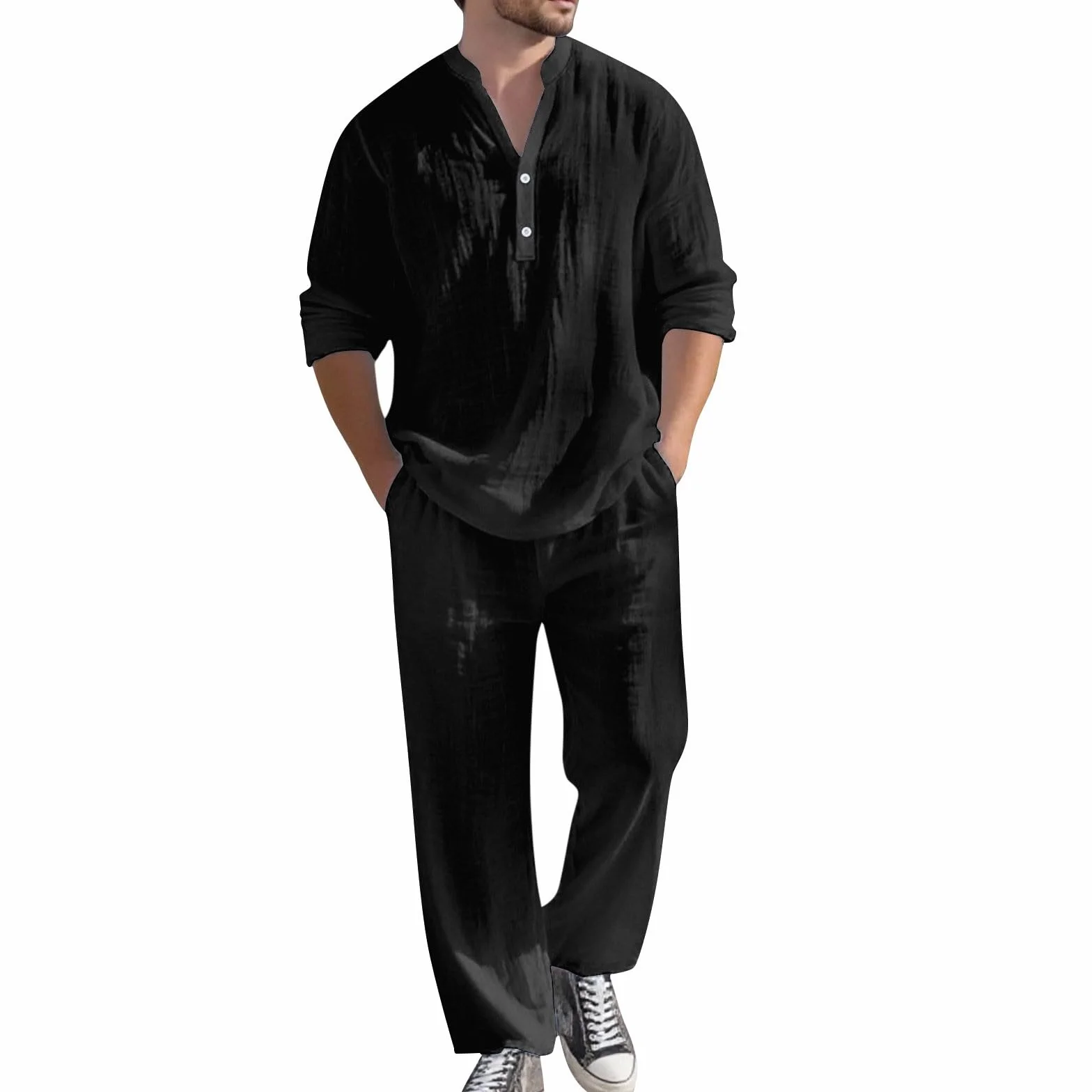 Camisa de lino para hombre, cuello en V, manga larga, pantalones casuales de otoño