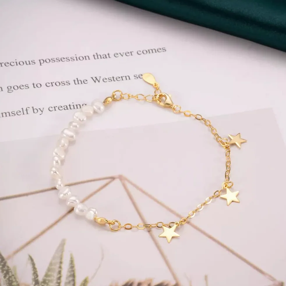Pulsera o tobillo de plata de ley 925 chapada en oro de 18 quilates, con clip de papel delicado y perlas de agua dulce, cadena cubana o tobillo, 7 pulgadas + extensor de 1 pulgada, hipoalergénico, sin