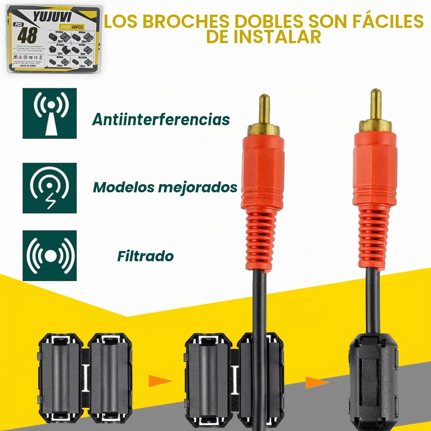 48 Piezas Núcleo de Anillo de Ferrita Supresor de Ruido RFI EMI Clip de Cable 3.5-13mm Diámetro Interior