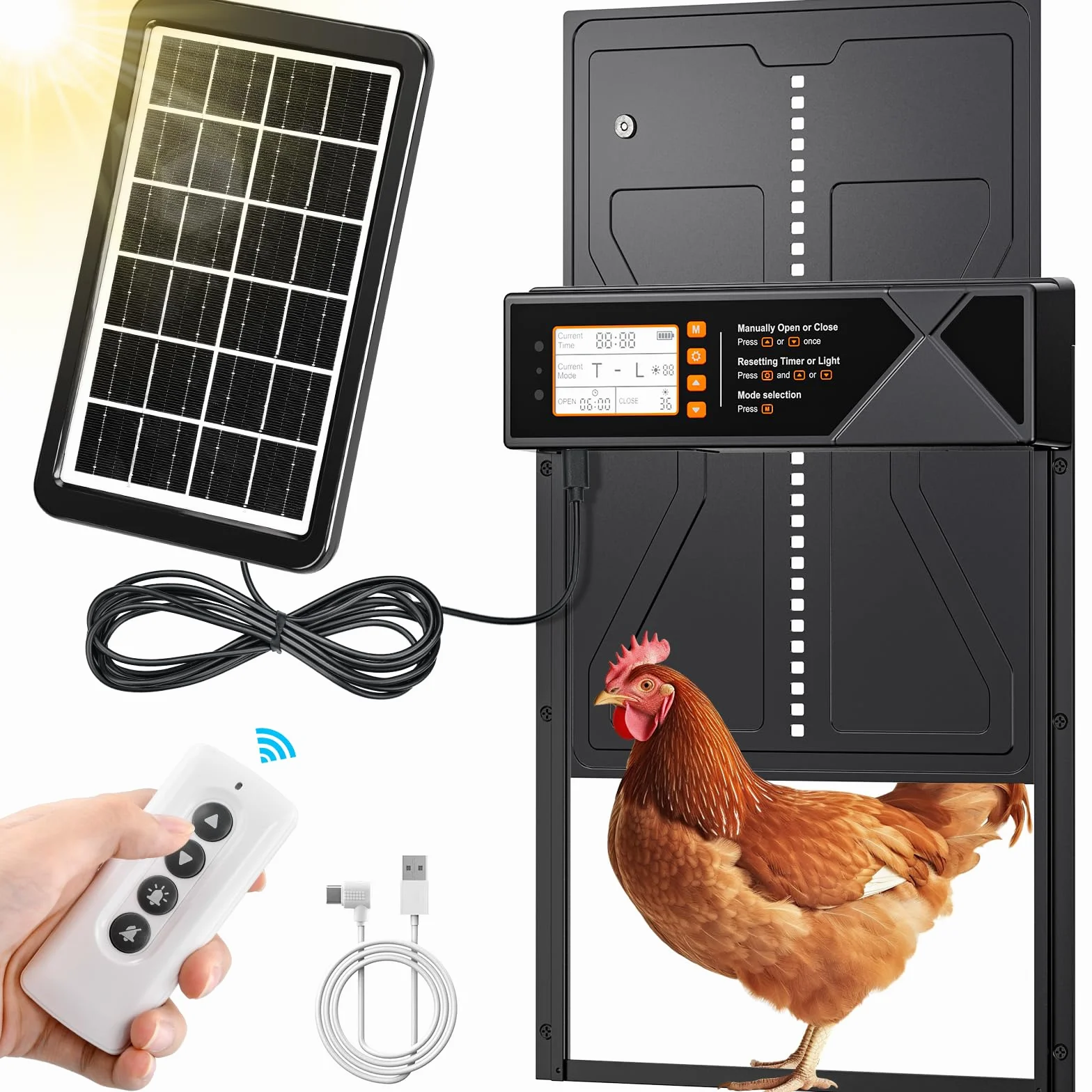 Puerta Gallinero Automático Solar con Mando a Distancia, Sensor de Luz y Temporizador, Anti-atrapamiento