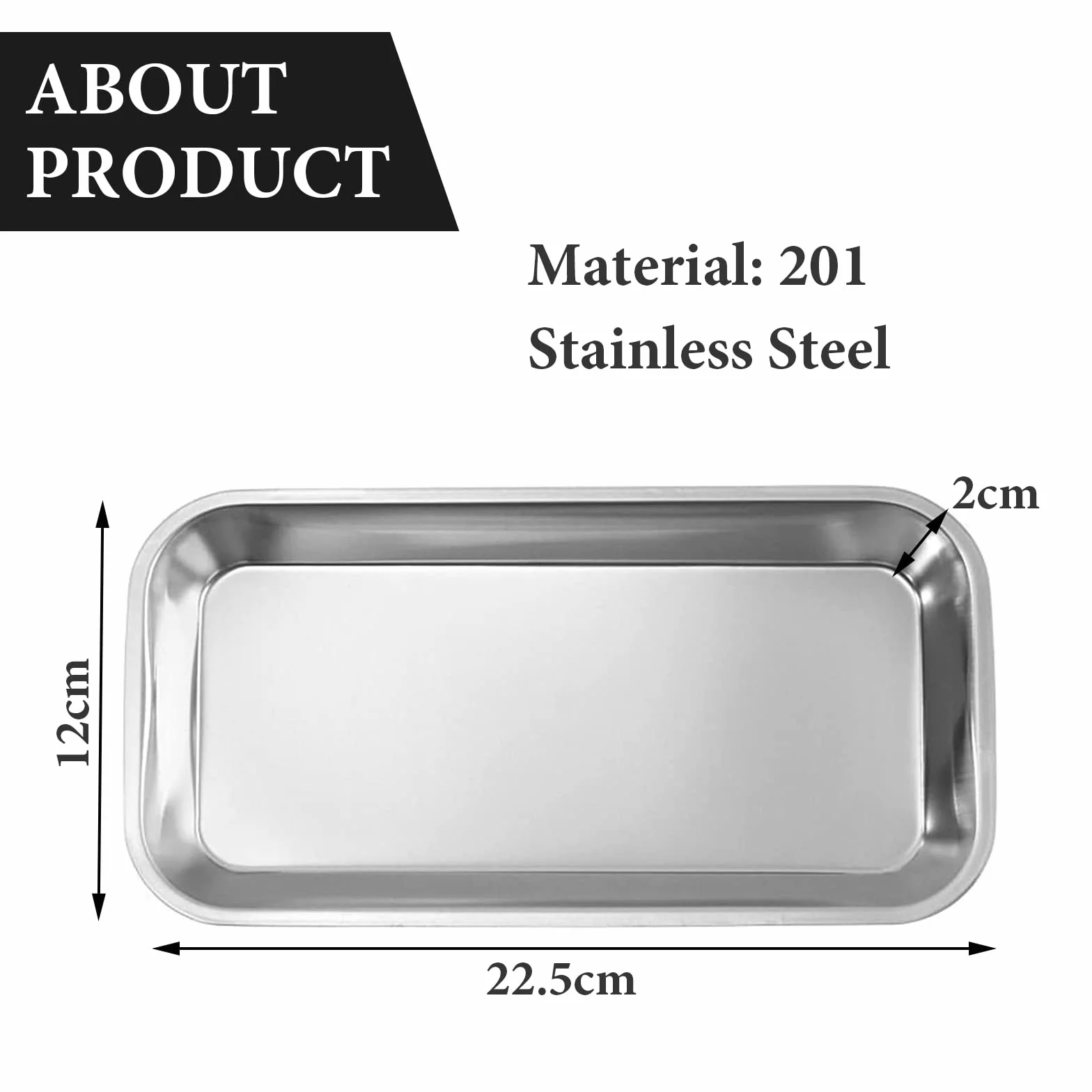 Bandeja Médica Rectangular de Acero Inoxidable 22.5x12x2cm para Instrumentos Dentales y Laboratorio