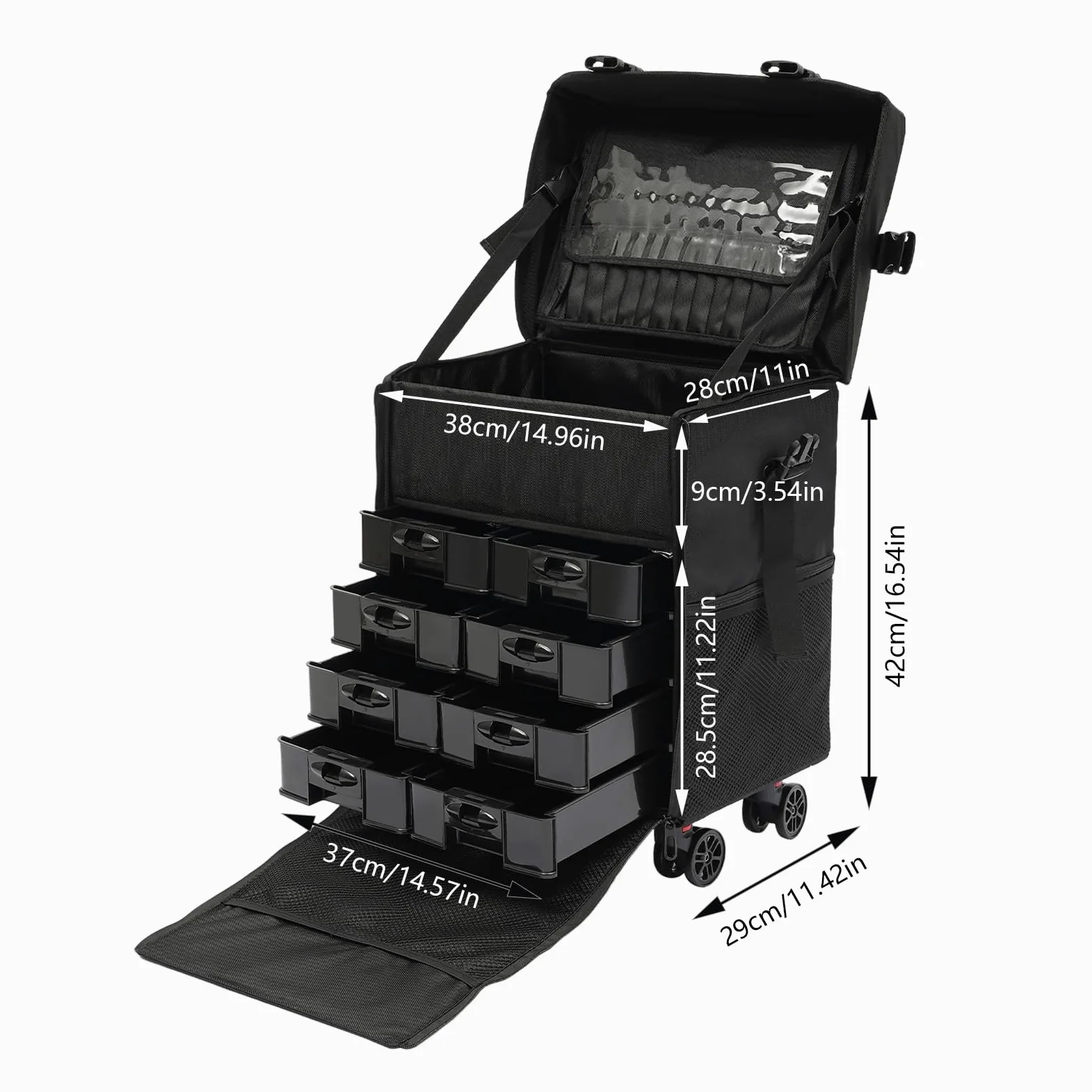 Maletín de maquillaje 2 en 1, maletín profesional de maquillaje con ruedas, maletín de maquillaje, maletín multiusos, ideal para viajes, peluquerías, idea de regalo, 38 x 29 x 42 cm, color negro