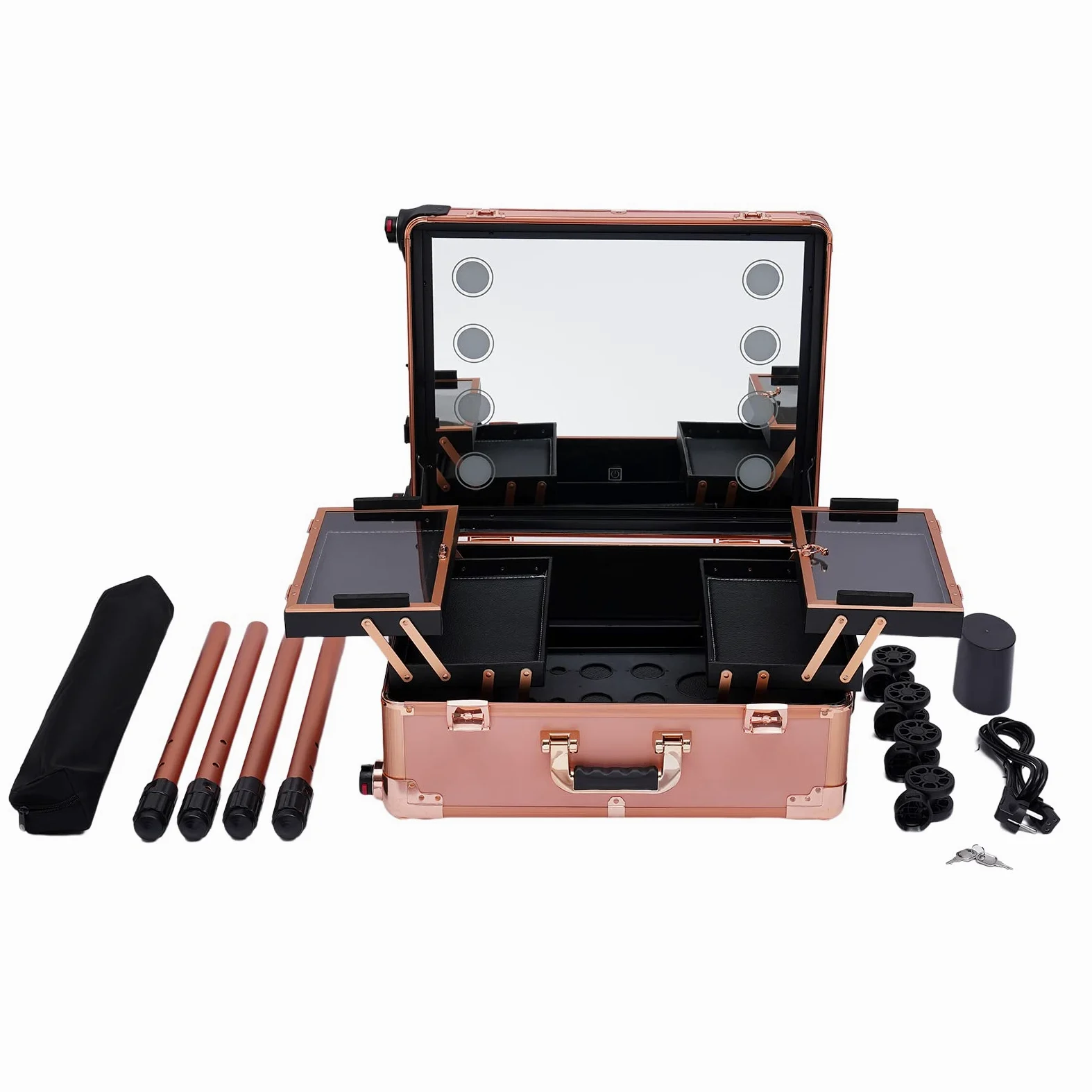 Maletín de maquillaje con ruedas, con espejo, 4 ruedas, estación de maquillaje, neceser de peluquería, organizador de maquillaje, carrito de maquillaje