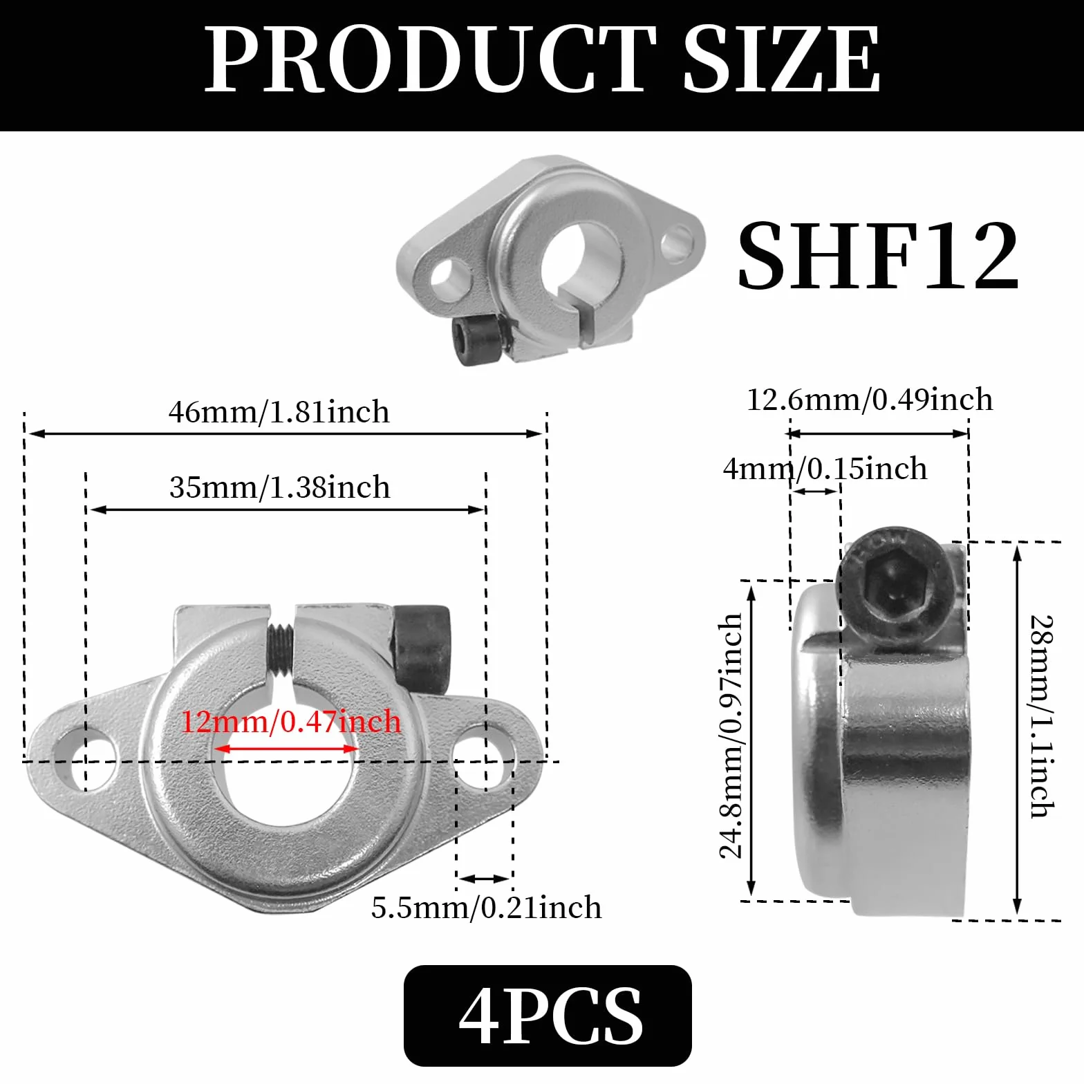 Soporte de Eje de Riel Lineal SHF12 Aluminio para Impresora 3D CNC