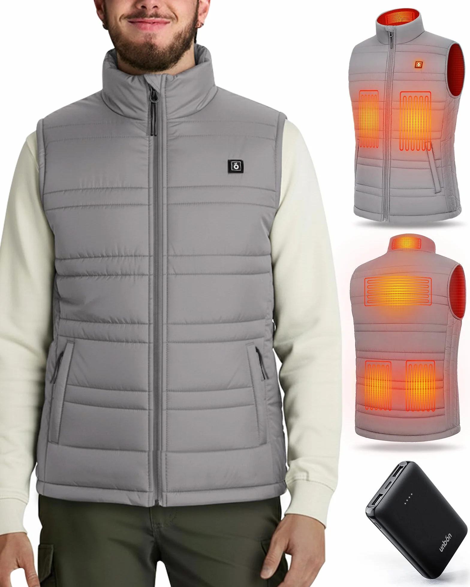 UNBON Chaleco Calefactable Hombre con Batería USB 10000mAh, Chaleco Térmico Eléctrico Calefactor Hombre con 3 Temperaturas 6 Zonas de Calor, Chaqueta Calefactable para Moto Caza Trabajo
