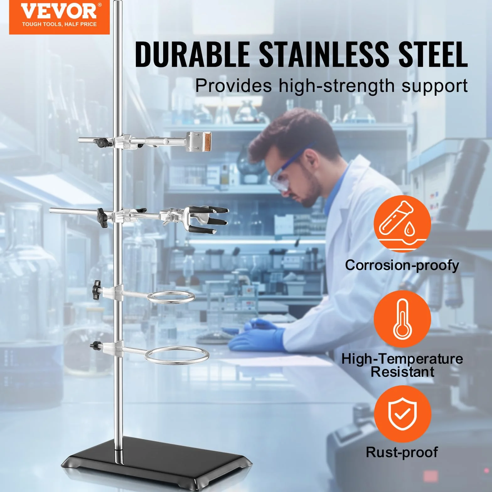 VEVOR Soporte de Laboratorio 2 Juegos Acero Varilla 60cm Base Hierro Fundido 210,82x135 mm con Abrazaderas