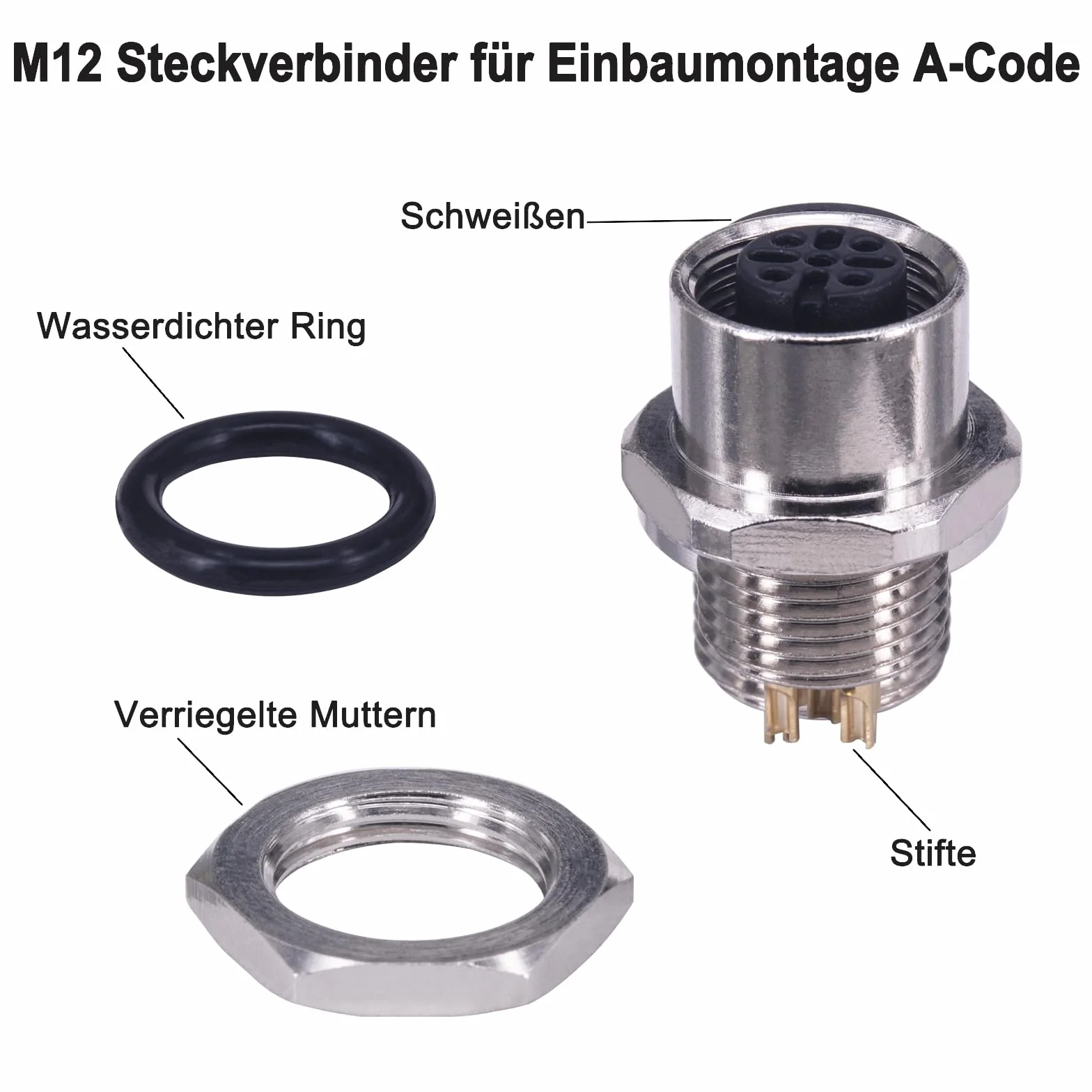 M12 Buchse 5 polos impermeable IP67, Conector M12 A-codificado rosca, Conector panel brida redondo sensor 2 piezas