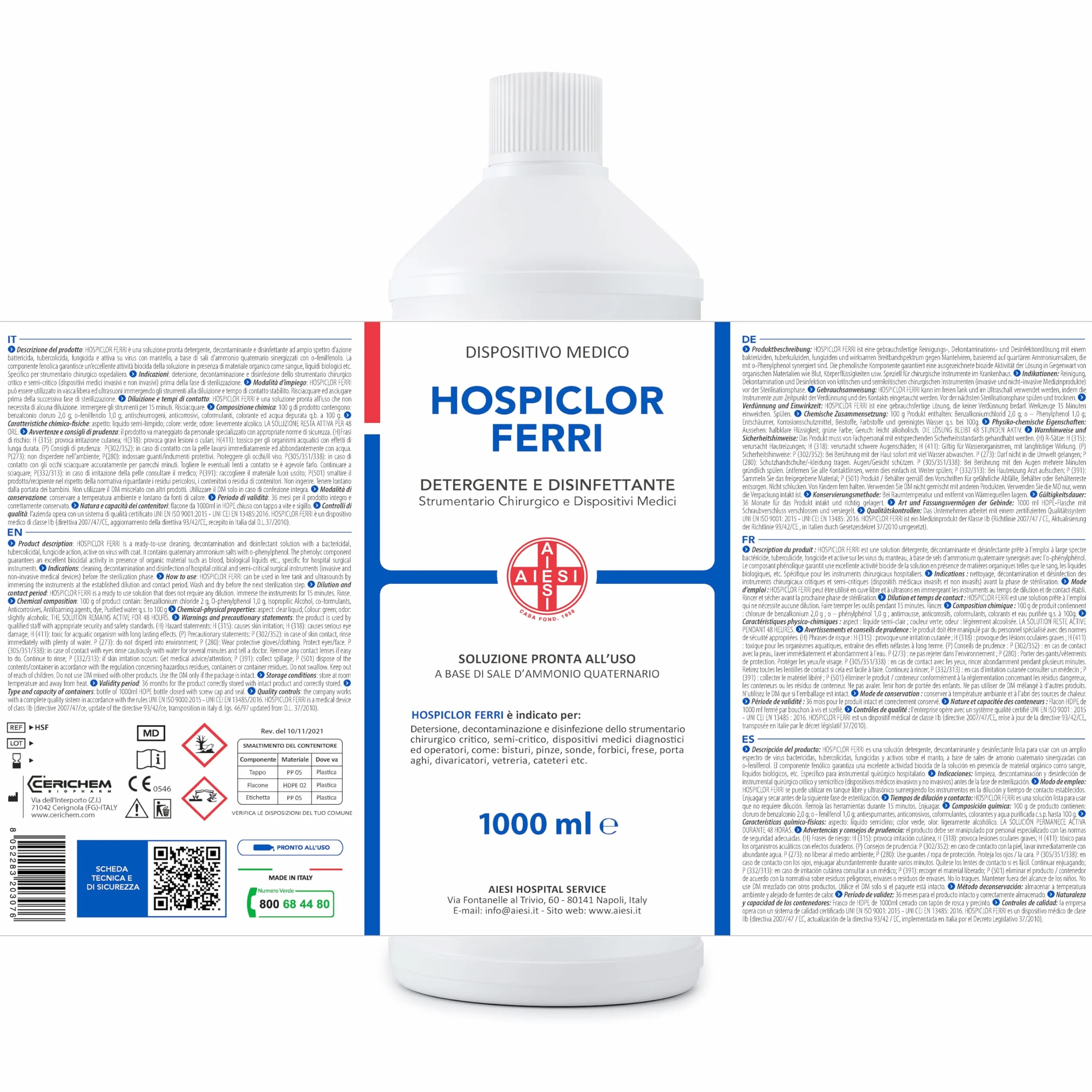 HOSPICLOR FERRI Desinfectante listo para usar para instrumentos médicos 1 litro