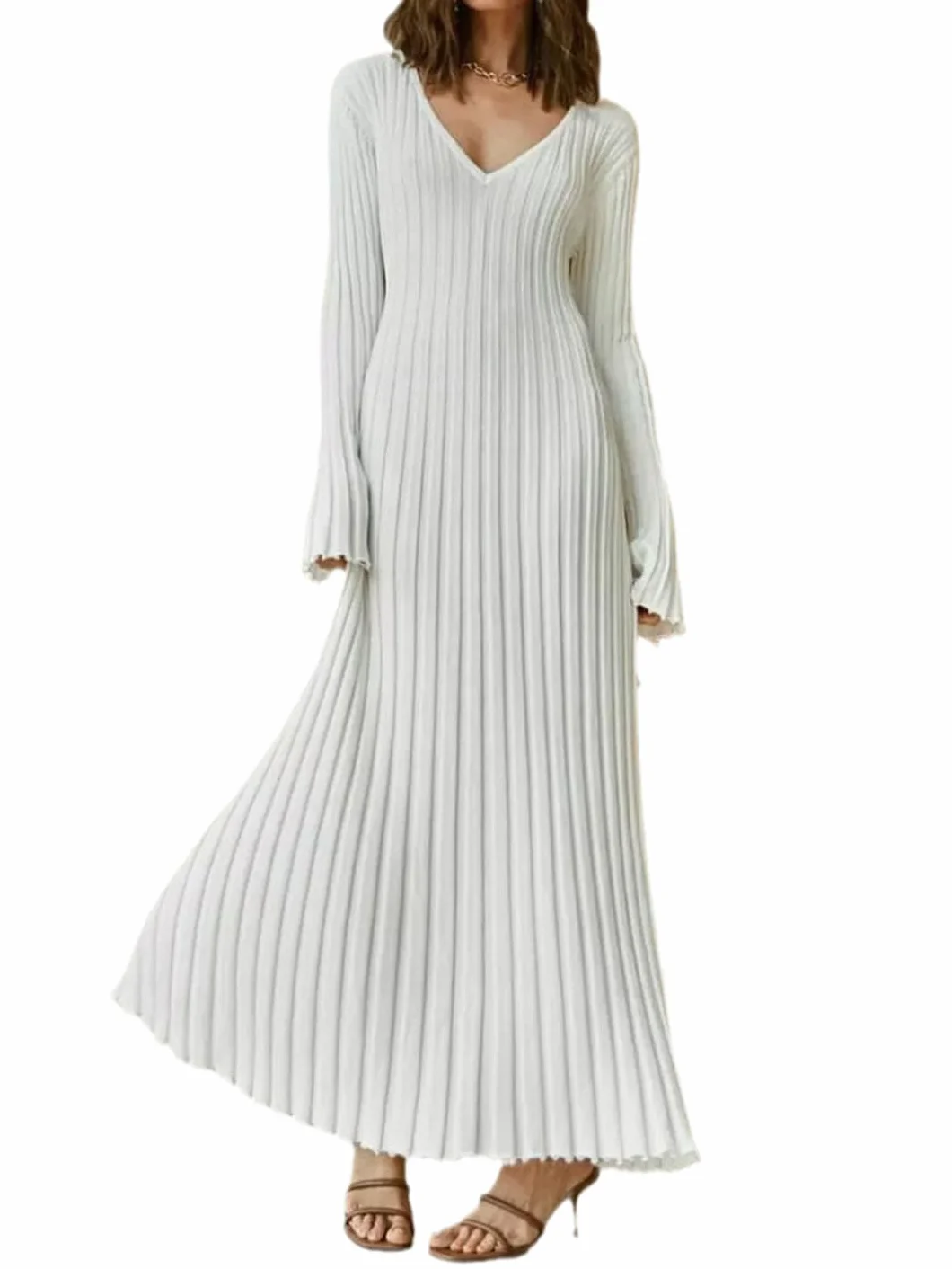 Vestido Maxi De Punto De Manga Larga con Cuello En V para Mujer
