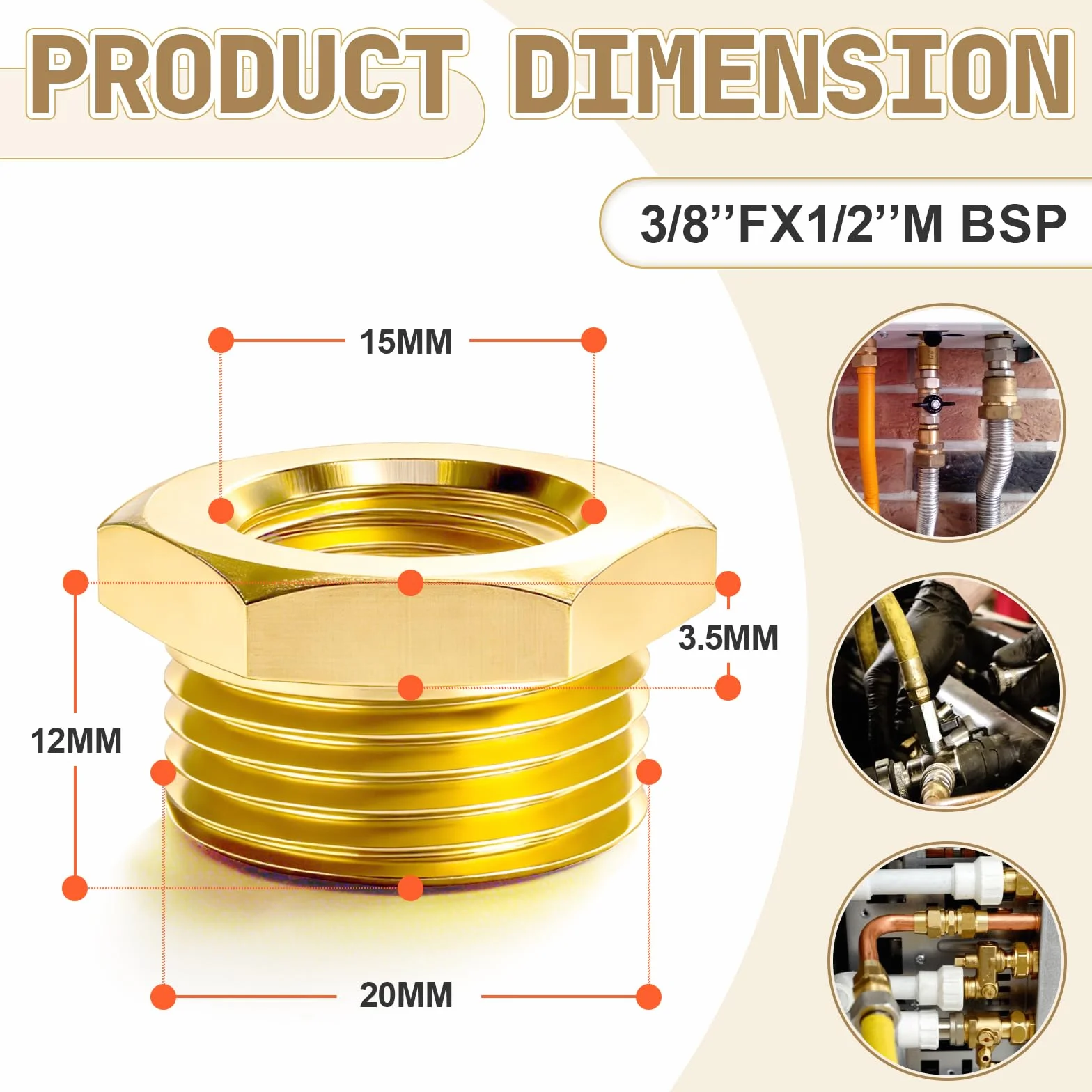 Bwintech 2 Uds 3/8" hembra a 1/2" macho BSP rosca latón buje hexagonal conector reductor